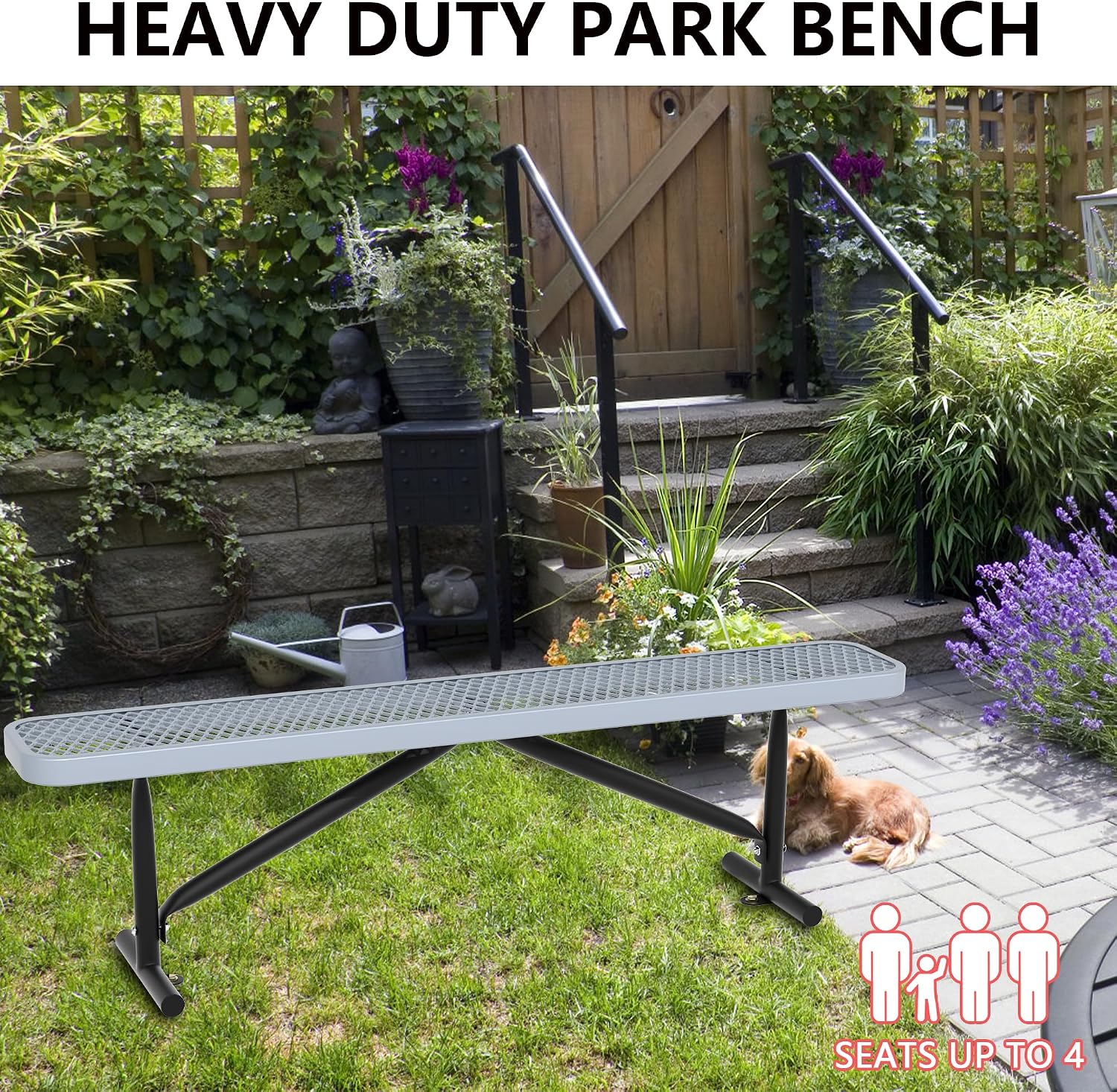 Outdoor Garden Benches, 6 ft Steel Picnic Bench Porch Chair Furniture Patio Seating, Commercial Expanded Metal Mesh Bench for Outside, Lawn, Backyard, Park, Deck, Garden, Patio, School (Grey, 6FT)