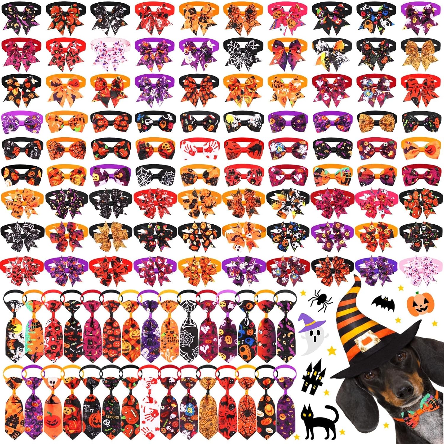 120 Pcs Halloween Dog Bow Tie Collar Set Includes 60 Pumpkin Dog Grooming Bowtie Bow Ties Pet Neckties Collar Holiday Accessories for Cat Doggy