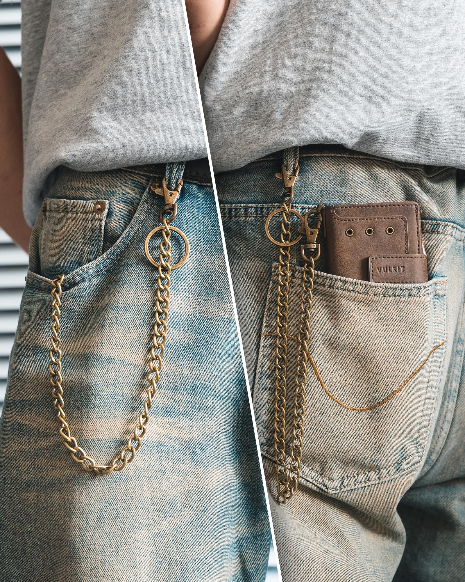 VULKIT Herren Geldbörse mit Kette, Münzfach, Pop-Up-Kreditkartenetui aus Aluminium RFID-geschützt, und Geldscheinefach, Kaffee