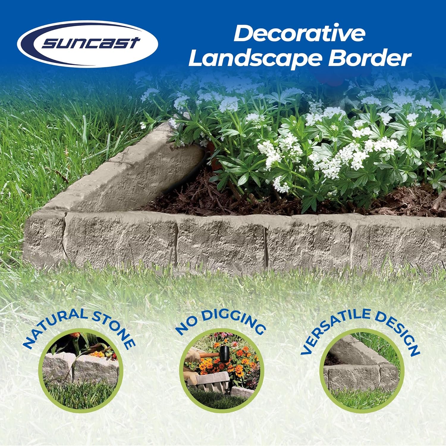 Suncast Interlocking Border Edging - Stone -Like Poly Construction for Garden, Lawn, and Landscape Edging - Water Resistant Border for Containing Trees, Flower Beds and Walkways - Light Taupe -Gray