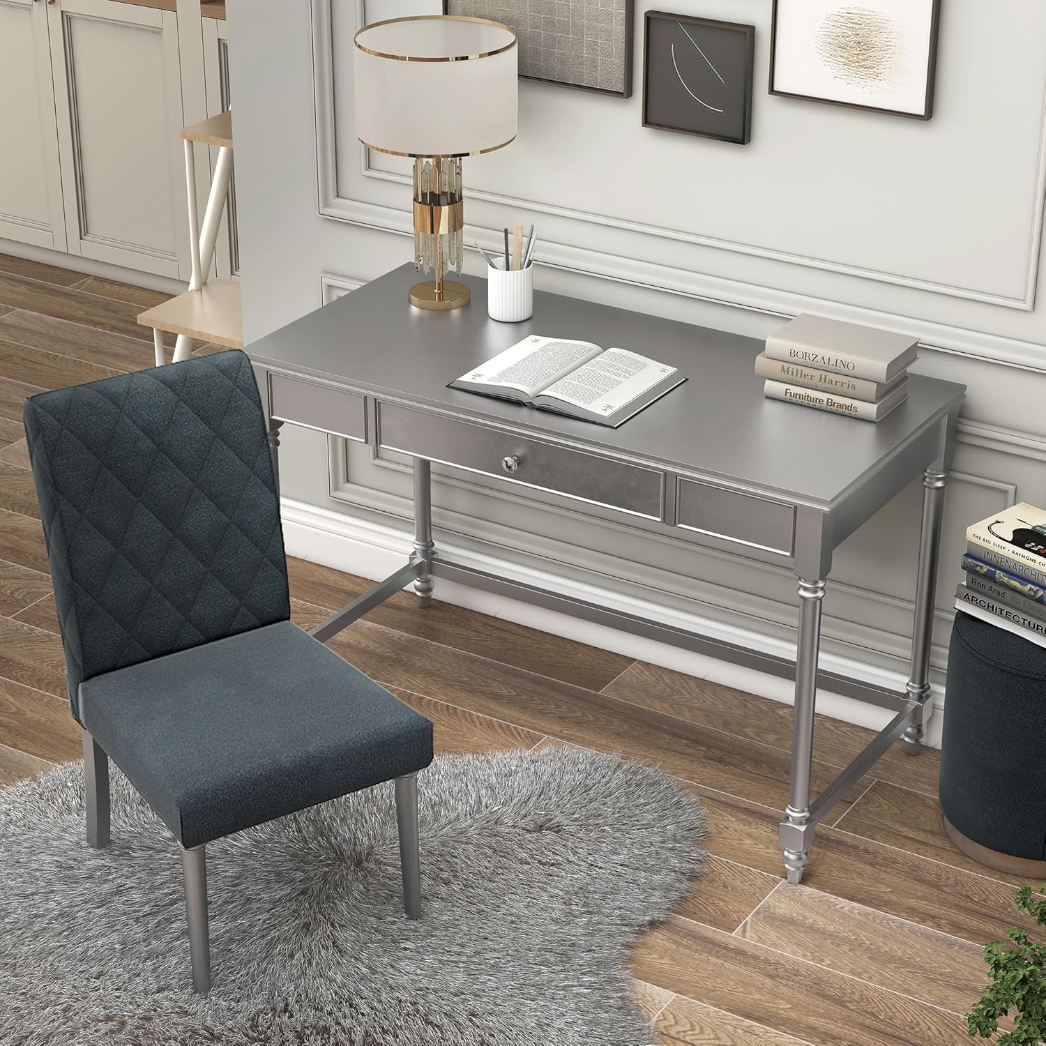 24/7 Shop at Home Eunie Modern 2-Piece Wood Storage Writing Desk with 1 Drawer and Upholstered Chair Set for Workstation, Home Office, Study Room, Silver