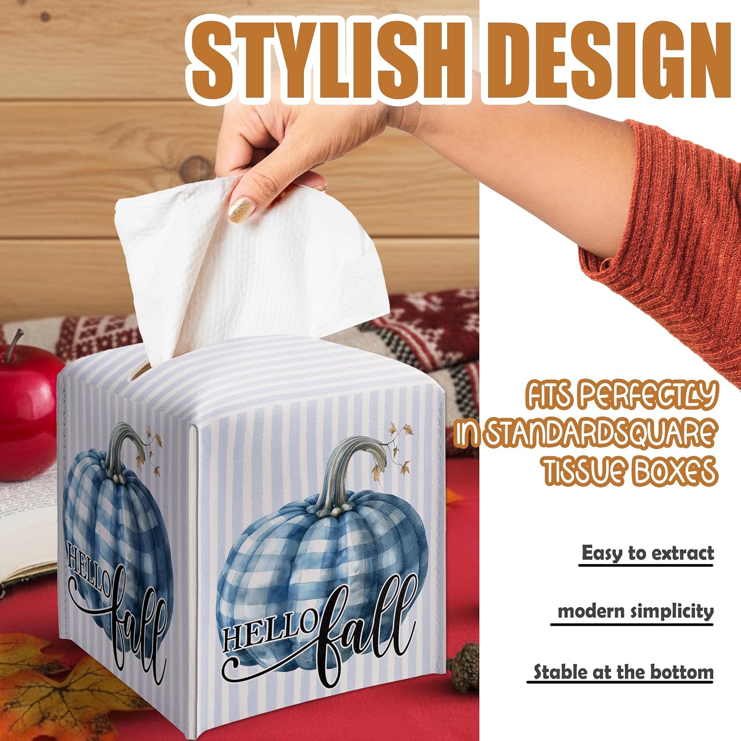 Fall Decor Tissue Box Cover, Fall Thanksgiving Square Leather Tissue Case Holder Gifts for Women Family and Friends, Home Decor for Harvest Autumn Season Halloween Bathroom Kitchen Office Car - A18 image 5
