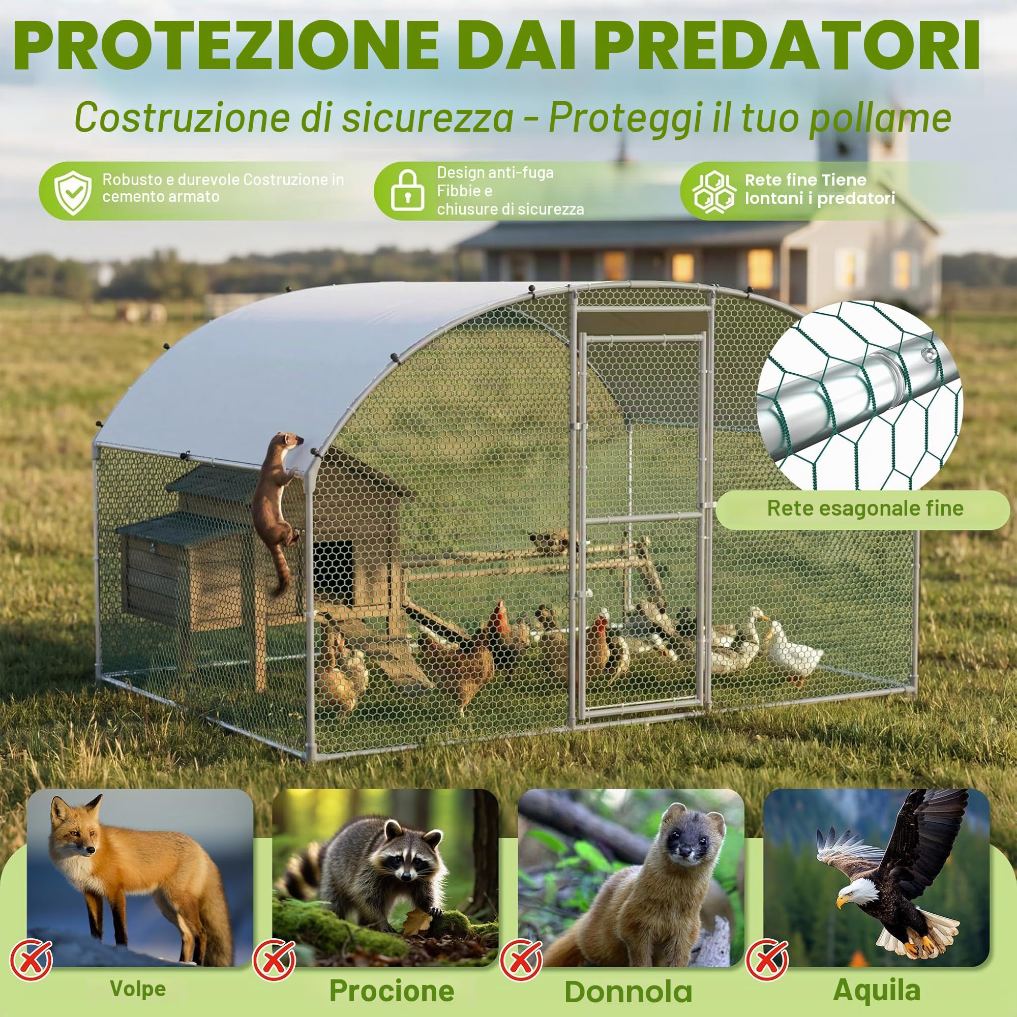 LZQ Gabbia per polli a ruota libera 3 x 2 m in metallo zincato per animali domestici, pollaio, pollaio, pollaio, pollaio, con protezione solare, tetto e porta, per polli, conigli, piccoli animali