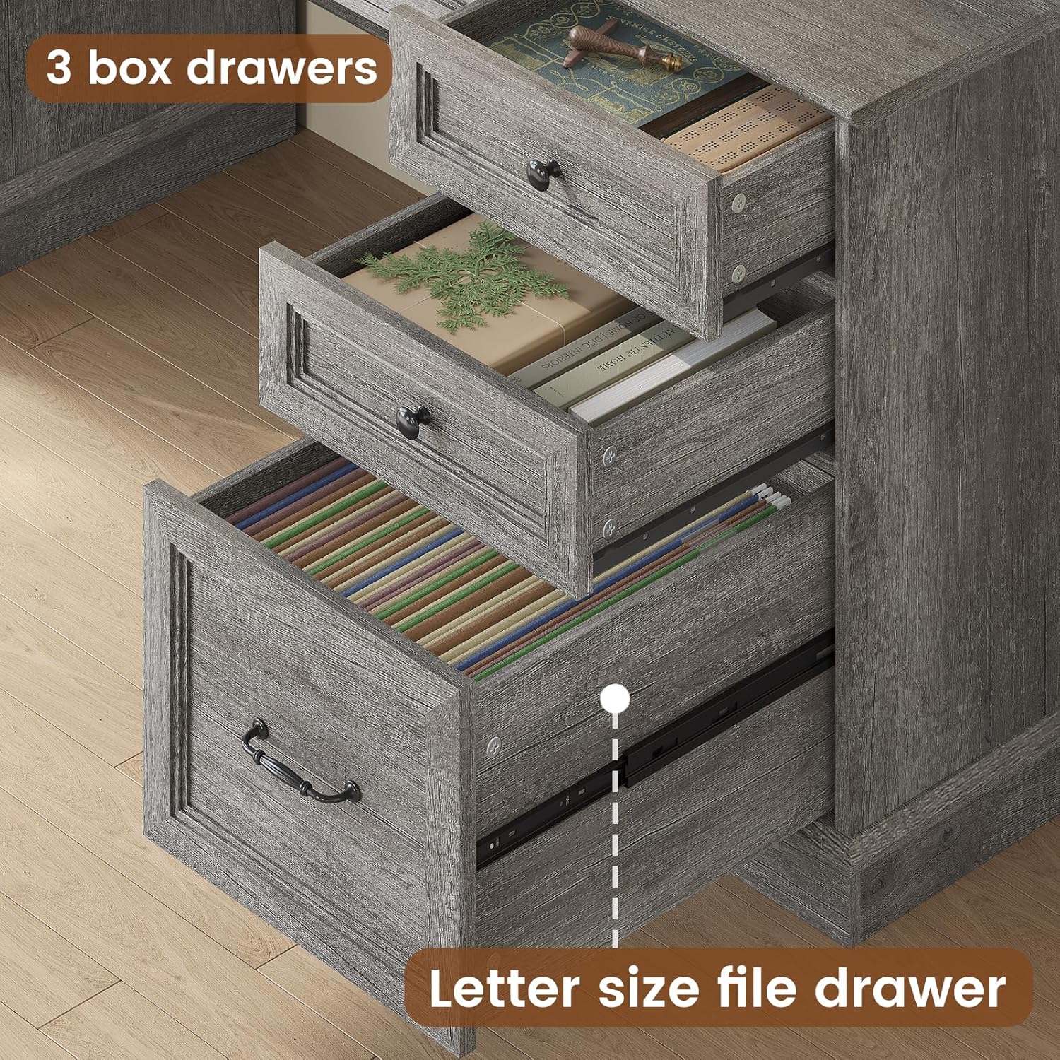 Farmhouse Executive Desk with Drawers Computer Desk with File Drawers, Power Outlet and Led Lights, Executive Office Desk with Storage Cabinet and Monitor Shelf for Home Office, Grey