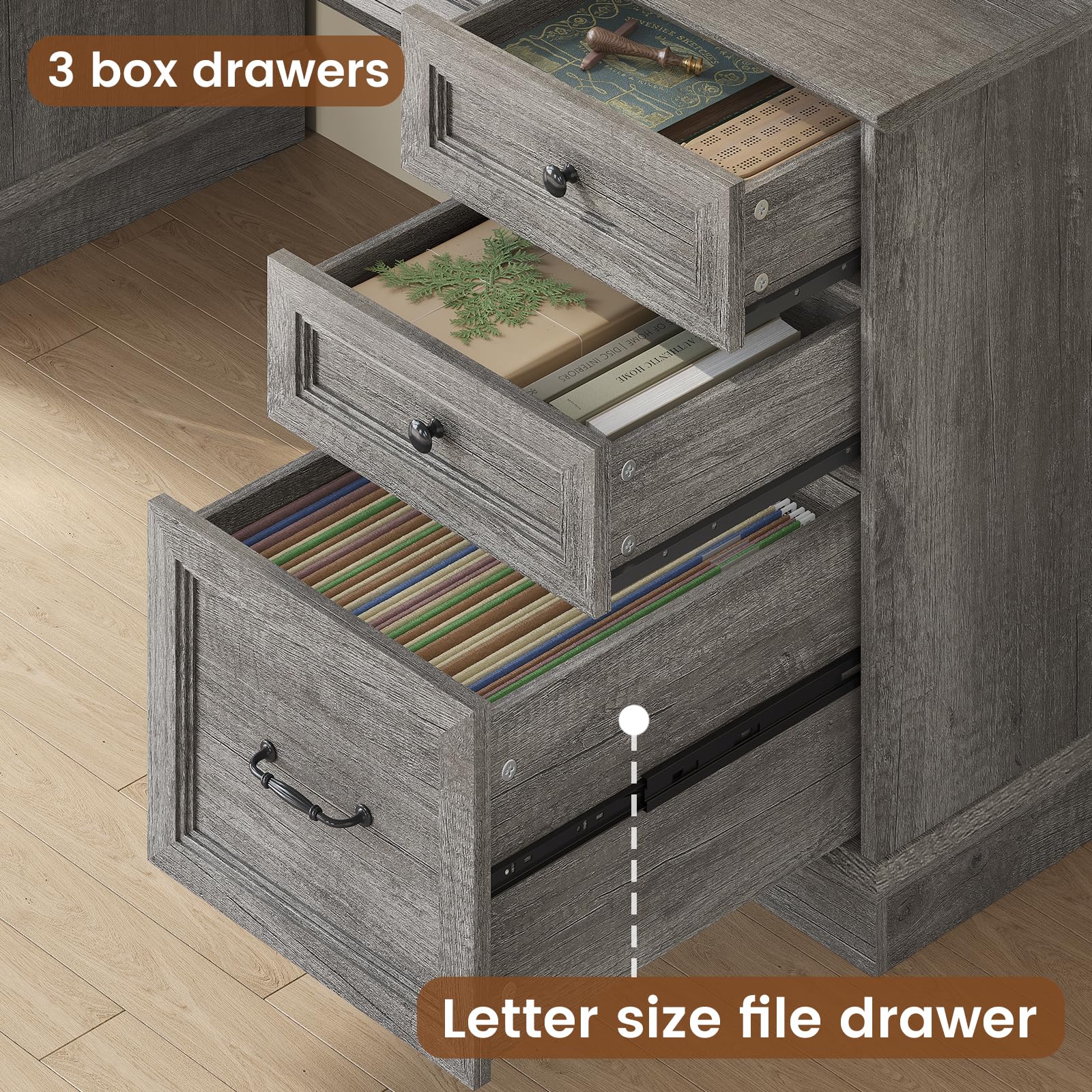 HAUOMS Farmhouse Executive Desk with Drawers Computer Desk with File Drawers, Power Outlet and Led Lights, Executive Office Desk with Storage Cabinet and Monitor Shelf for Home Office,: Grey