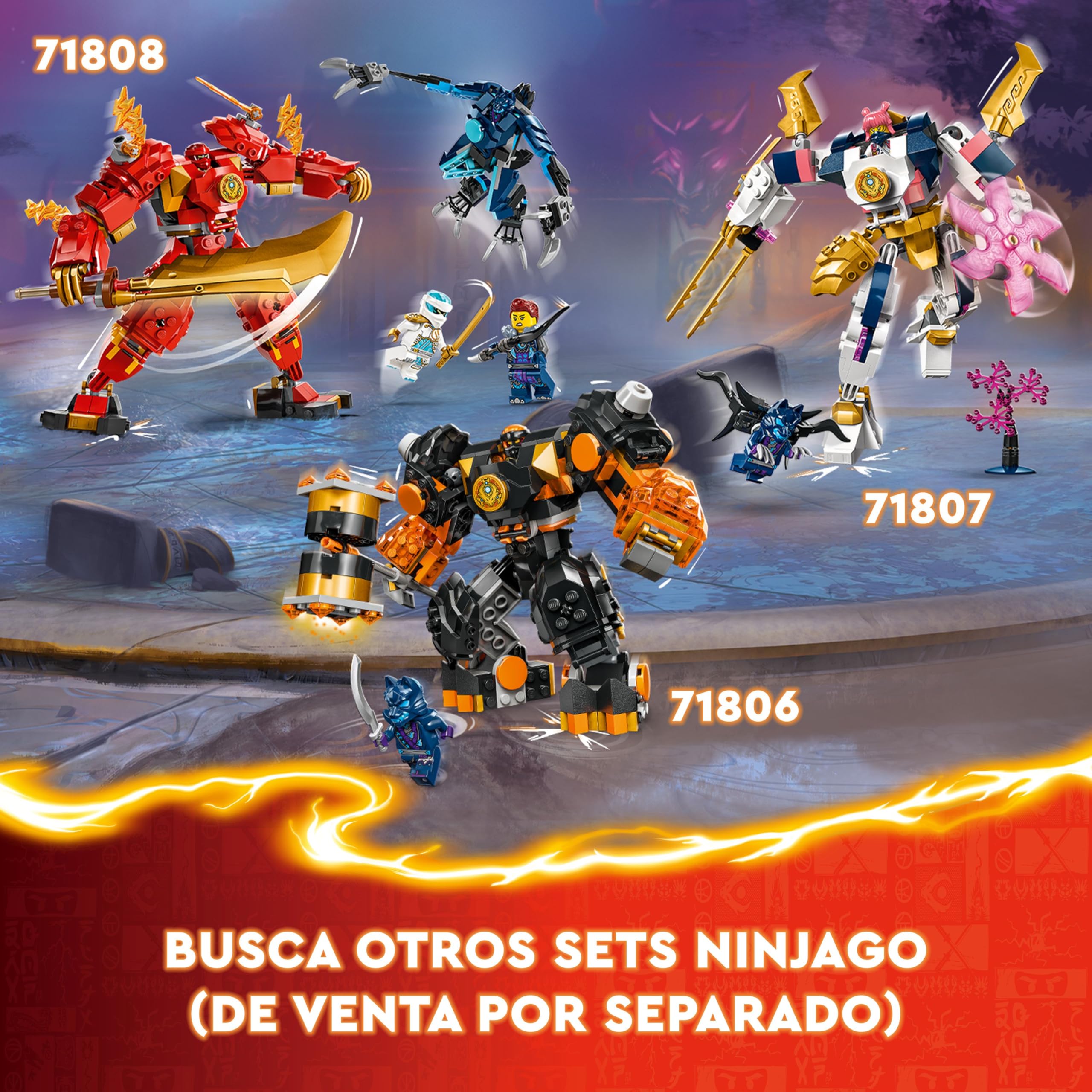 LEGO Ninjago Meca Elemental del Fuego de Kai, Figura Roja de Acción Articulada y Minifigura de Zane y 3 Personajes para el Juego de Batalla Ninja, Regalo para Niños y Niñas de 7 Años o Más 71808