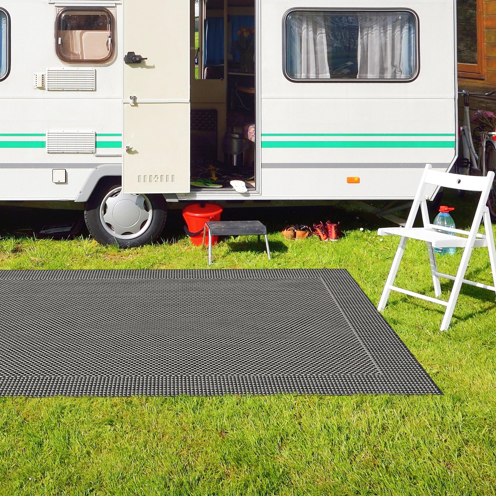 HomeArt Outdoor Rugs | Easy-Cleaning Indoor & Outdoor Area Rugs for Porch, Deck, Balcony, Garden, Picnic, Kitchen, Hallway | UV & Weather-Resistant Large Patio Rug Mats | Anthracite Cream 200 x 290 cm — view 431