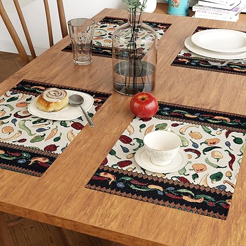 Miniatura 3 de Encasa - Juego de 4 manteles individuales de mesa de jacquard bohemio, diseño de chiles, estilo vintage, cada tamaño de 19 x 13 pulgadas, tapiz