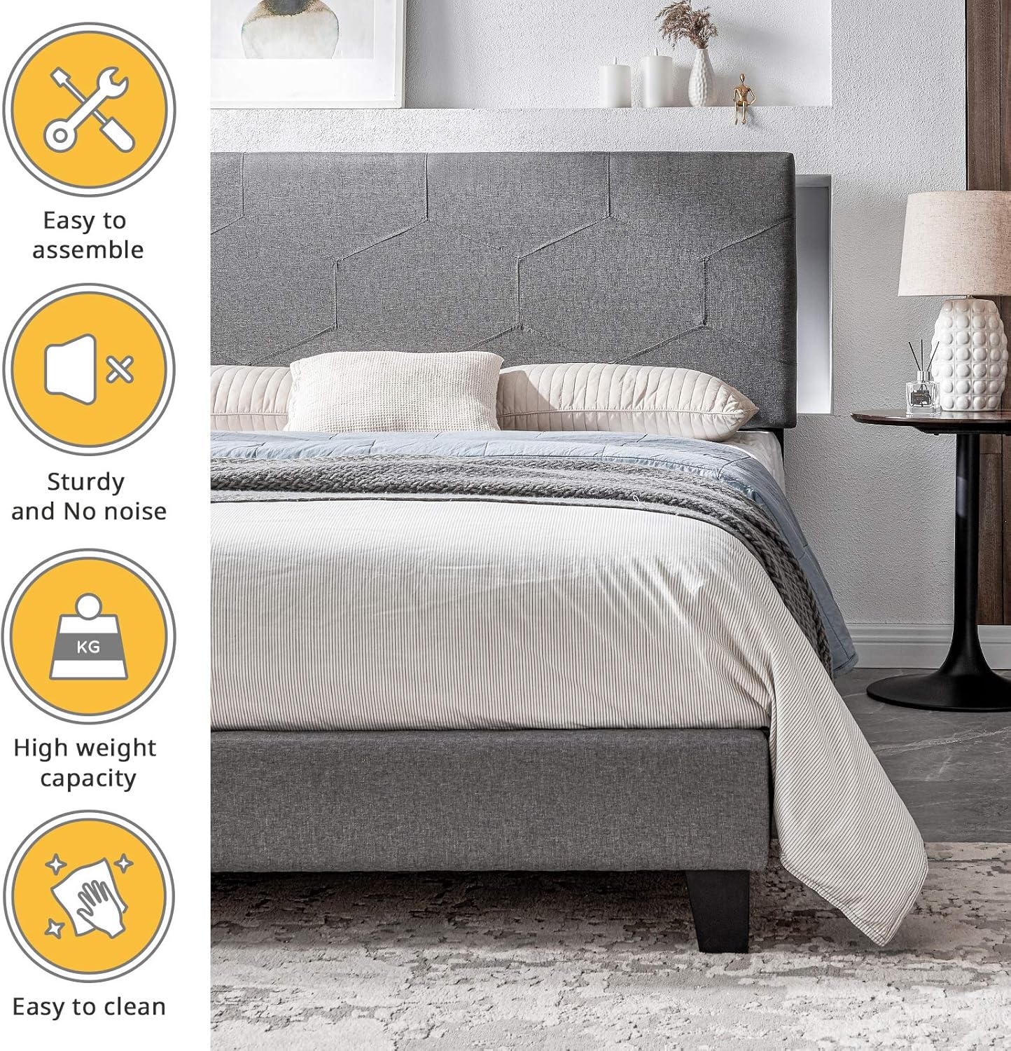 Queen Size Upholstered Platform Bed Frame with Linen Fabric, Wood Slat Support, Easy Assembly, No Box Spring Needed, Grey, 85.00W x 63.80D x 45.30H in