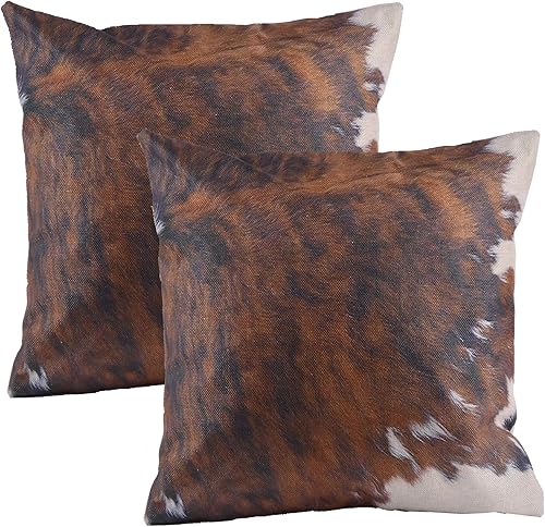 Leaveland Juego de 2 fundas de almohada con estampado de piel de vaca marrón tricolor, fundas de almohada decorativas de lino y algodón de 18 x 18
