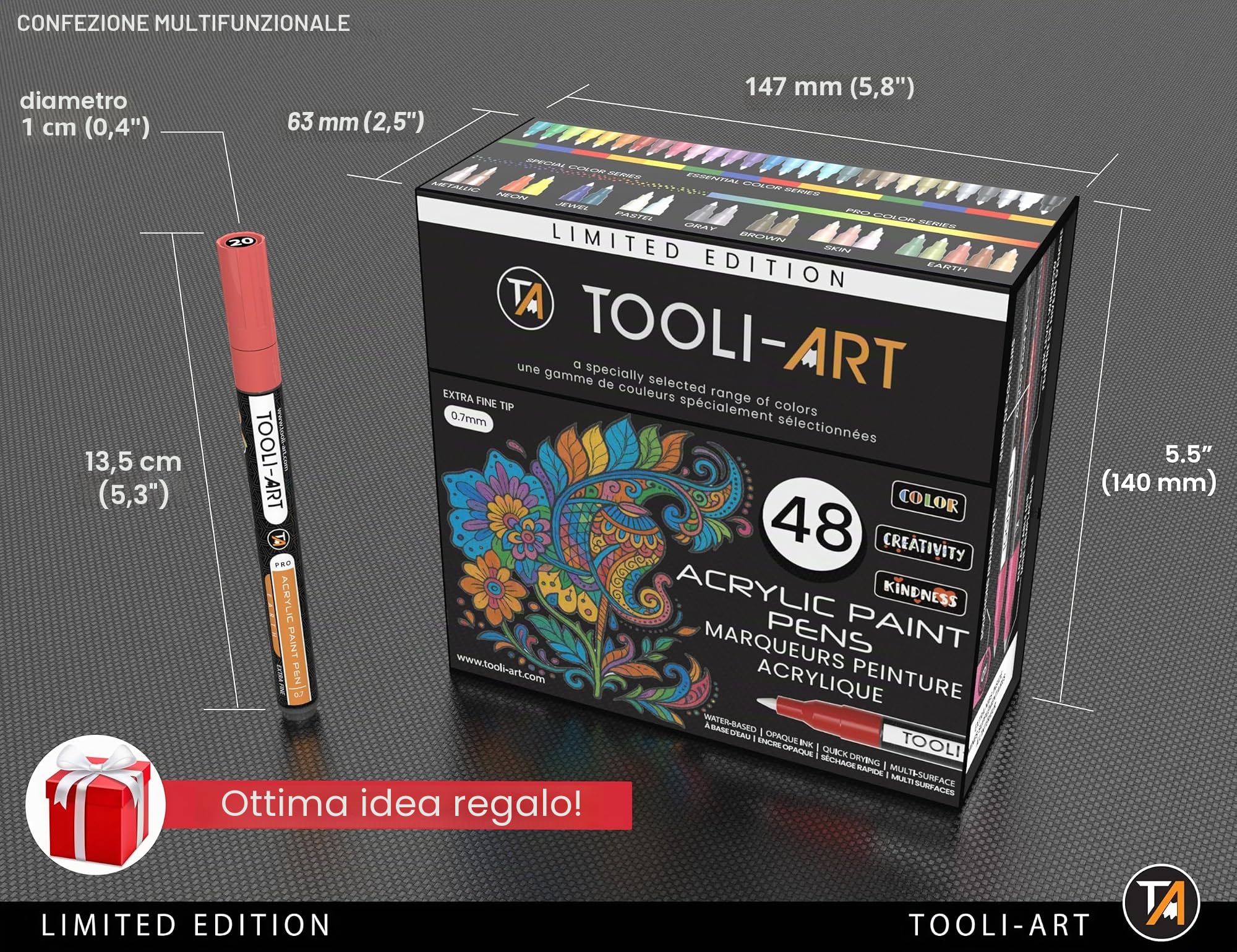 TOOLI-ART 48 pennarelli acrilici, edizione limitata, punta extra fine da 0,7 mm, per pittura su pietra e altro ancora, atossici, a base d'acqua