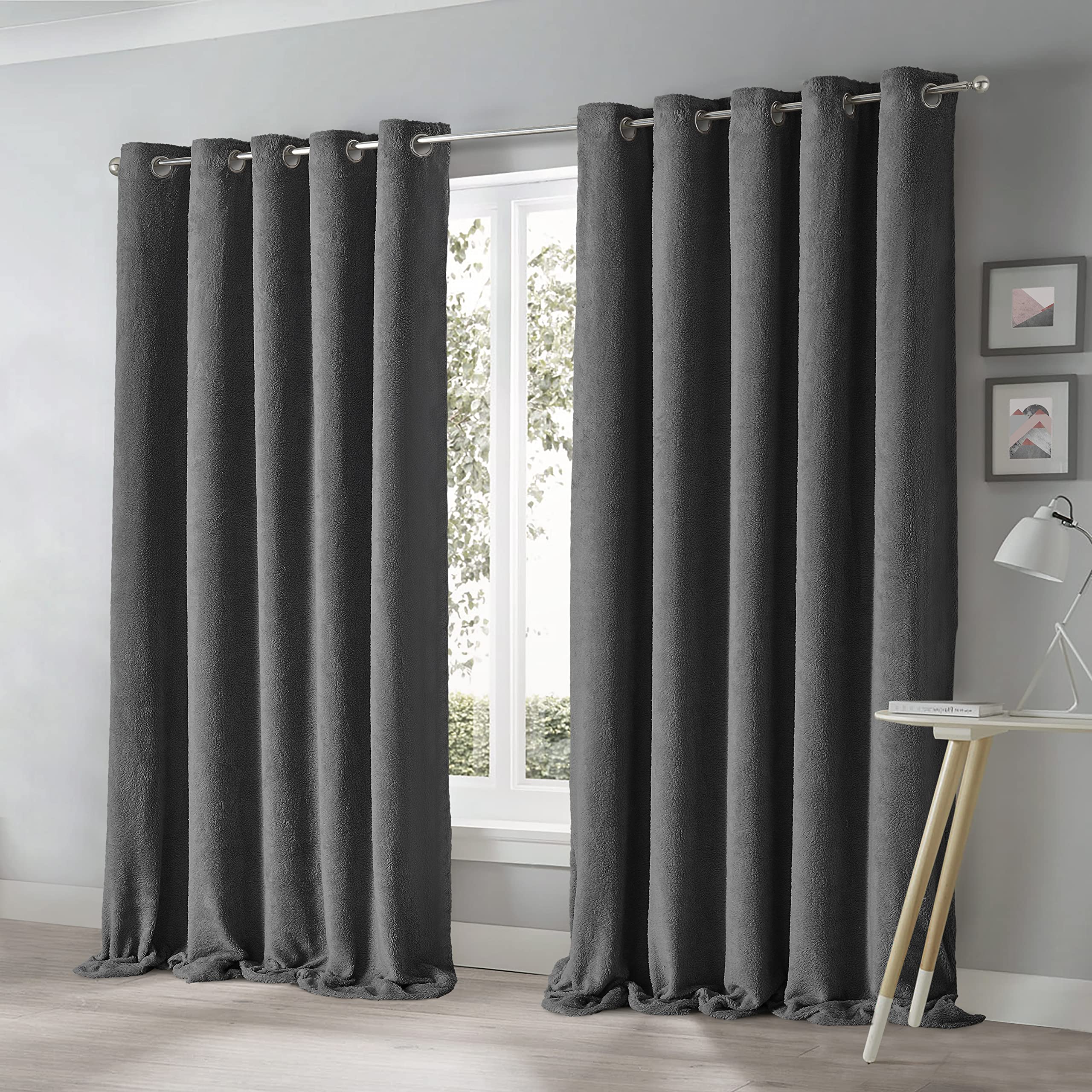 Velosso Thermal Teddy Fleece Fully Lined Ring Top Eyelet Blockout Insulated Curtains For Living Room or Bedroom (Charcoal Grey, W66 x L72)