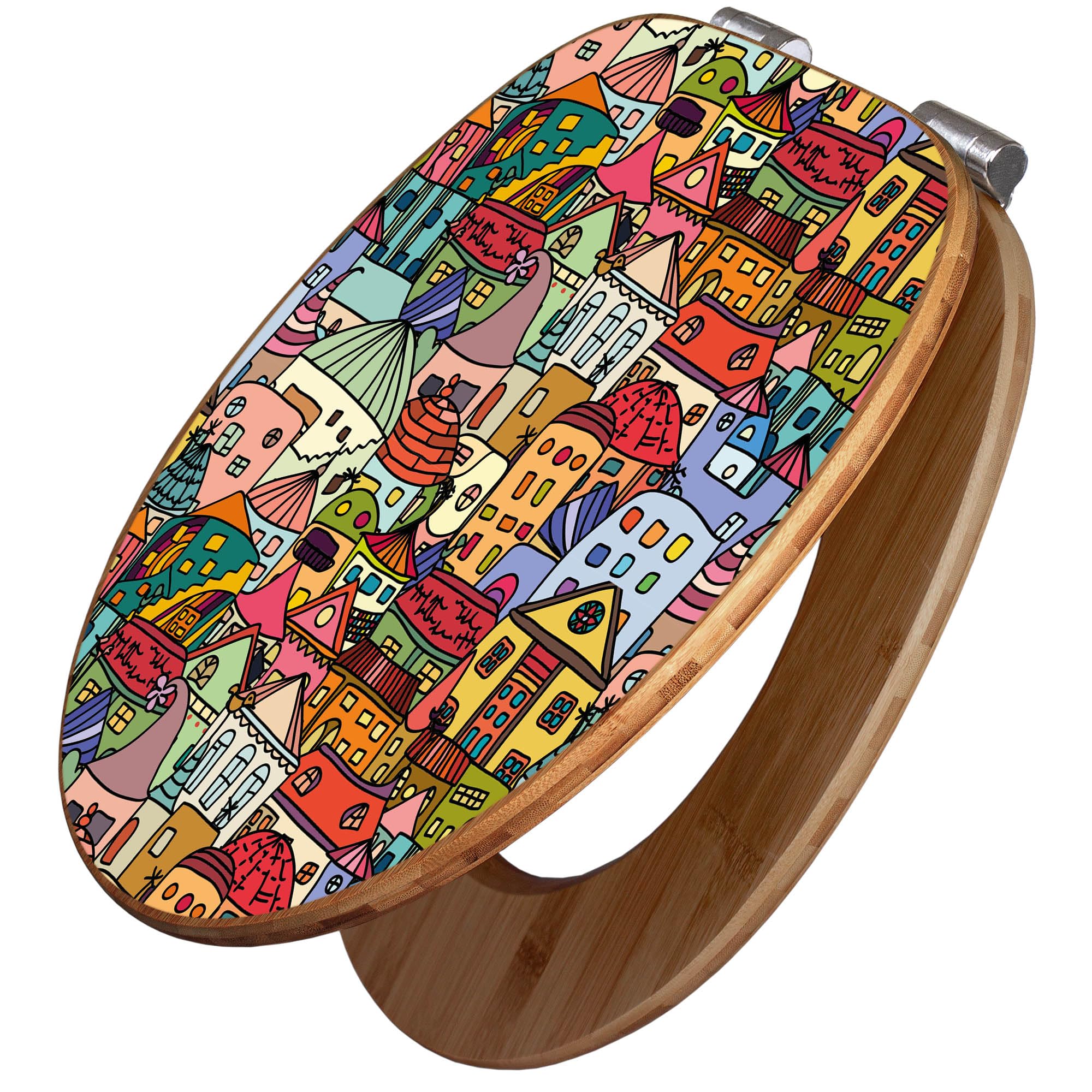 banjado Design WC Sitz Bambus Absenkautomatik 45,8x37,5cm - Toilettendeckel mit Absenkautomatik Holz - hochwertiger Bambus Klodeckel - WC-Sitz für gängigen Toiletten - Motiv Funky Town