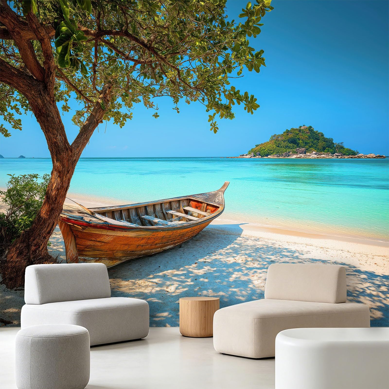 Carta da parati fotografica con isola naturale, 300 x 210 cm (larghezza x altezza), in tessuto non tessuto, decorazione da parete, motivo spiaggia, barca in legno, foglie, per camera da letto