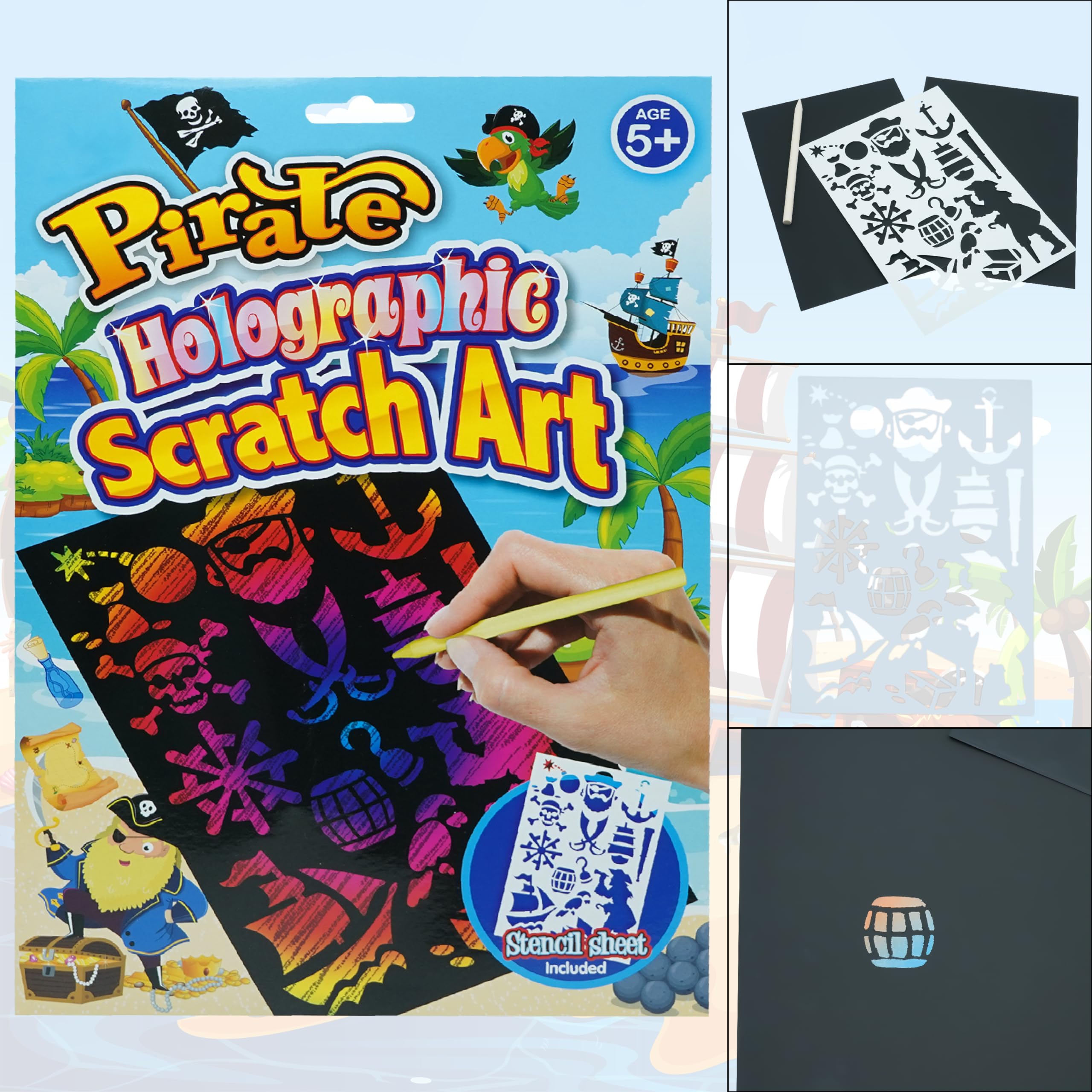 Pirates Holographic Scratch Art Set for Kids 5+, 4Pcs Craft Kits with Stencil, Wood Pencil, Stocking Stuffers Birthday Gifts for Girls & Boys