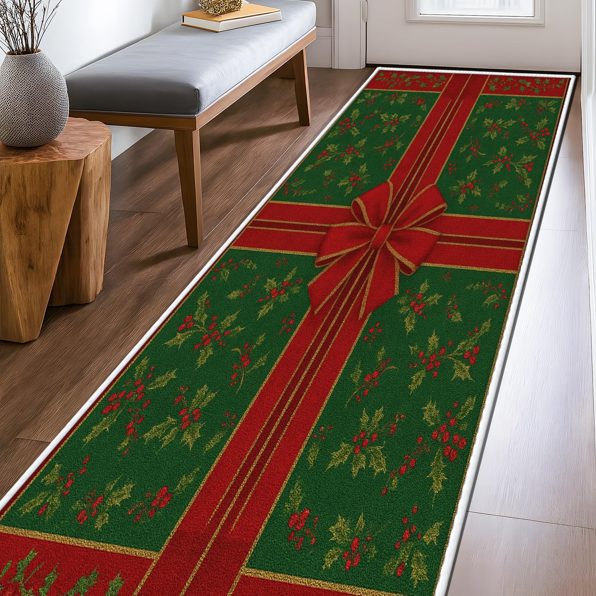 Tapis de couloir pour cuisine et buanderie lavable et anti-peluche vert