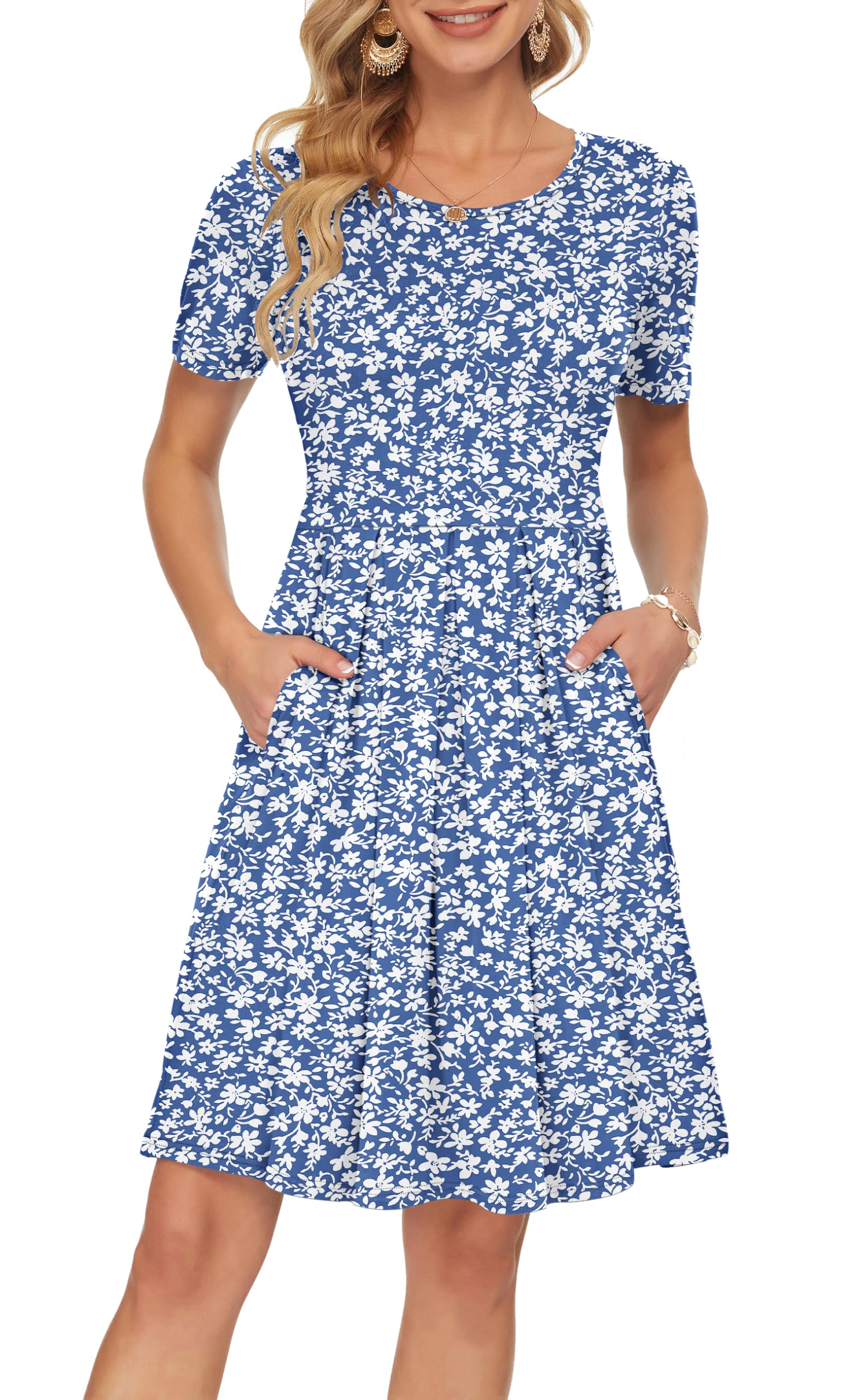AUSELILY Women's Short Sleeve Pleated Swing Summer Dress with Pockets
