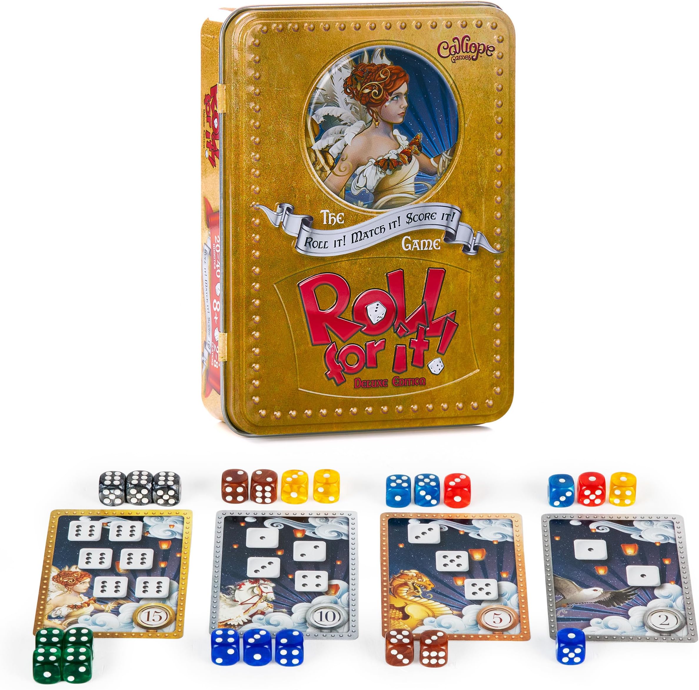 Calliope Roll for It! Deluxe Edition Strategy Board Game – Fast Dice Rolling Game for 2-8 Players Ages 8+ | Family Game Night Fun in Travel Tin