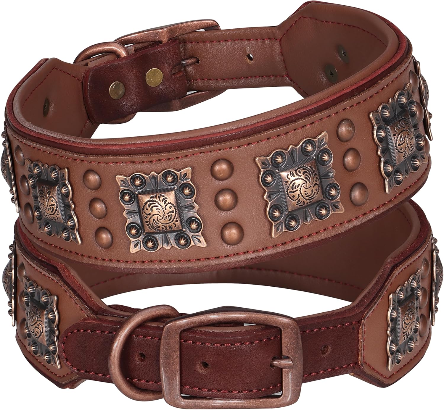 PET ARTIST Upgrade Padded Leather Dog Collar, 2 inch Wide Genuine Leather Dog Collars with Strong Studded Rivet & Metal Buckle, Adjustable Large Dog Collar for Pit Bull Doberman,Brown,Neck 19-22"