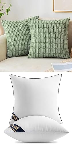 MIULEE Juego de 2 fundas de almohada decorativas de pana suave a rayas estilo bohemio verde salvia, juego de 2 rellenos de almohada de 18 x 18