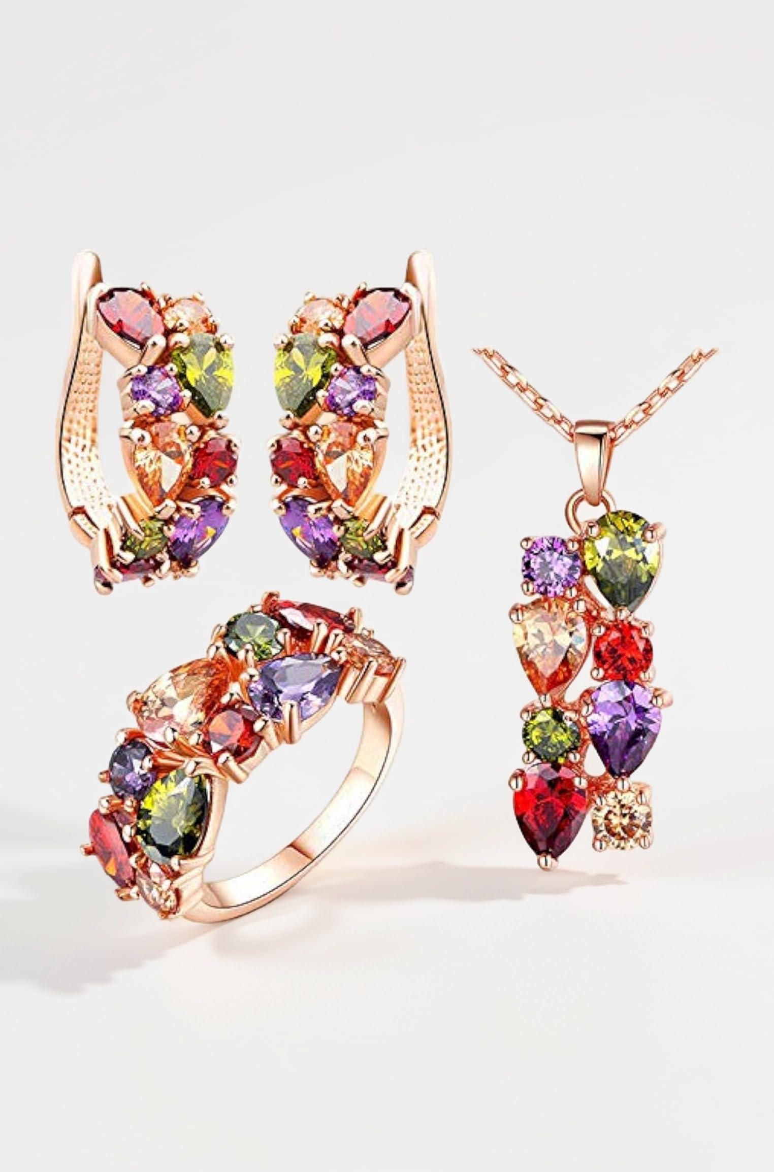 YouBella Jewellery Set Multi-Color AAA Swiss Zircon Rose Gold Crystal Necklace Pendant Ring Bracelet Bangle and Earrings Jewellery Combo for Girls and Women (Pendant, Earrings & Ring)