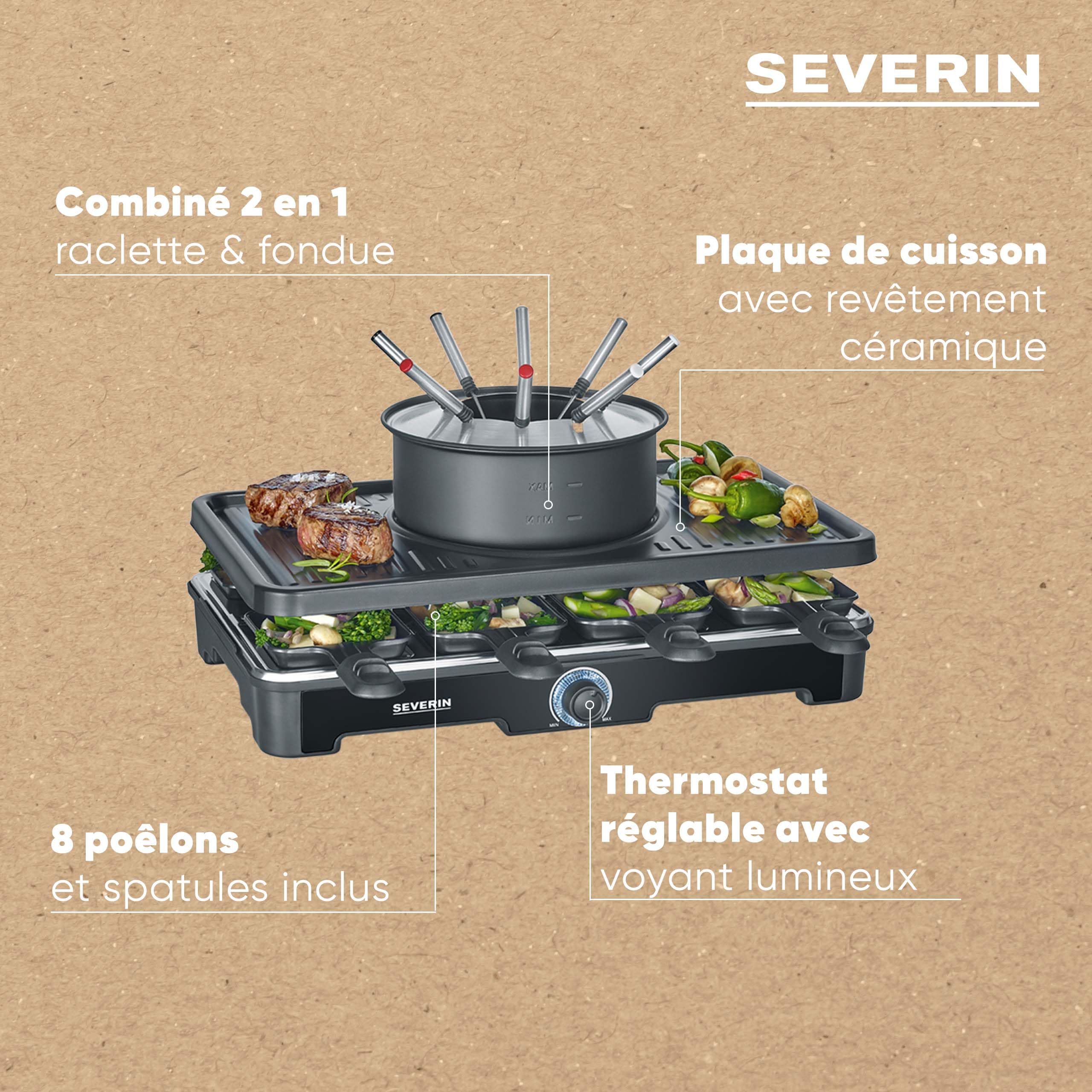 SEVERIN Appareil à Fondue et Raclette pour 8 personnes, Appareil à raclette 2 en 1 avec Plaque de cuisson et Service à fondue, Inclus 8 poêlons, spatules et fourchettes à fondue, Noir, RG 2347
