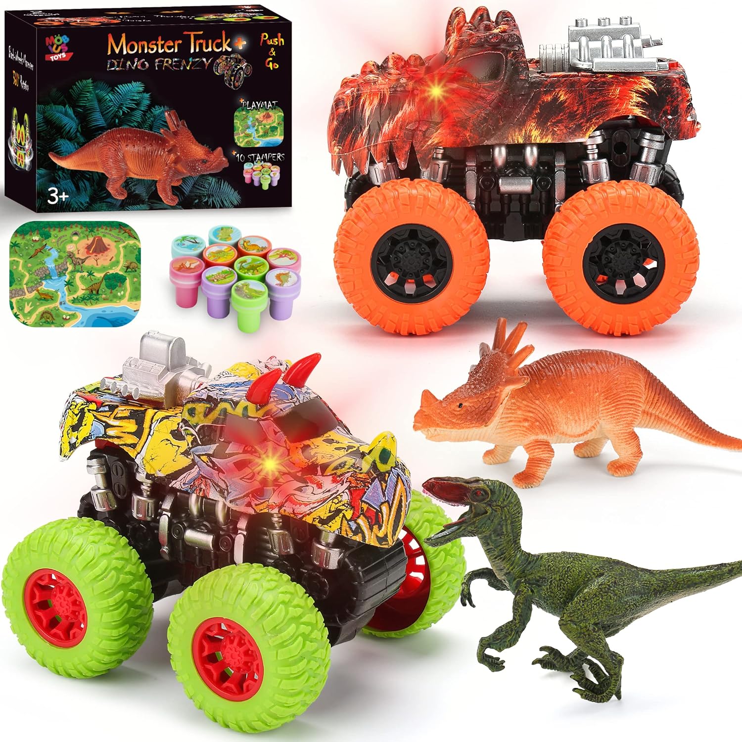 Dinosaur Monster Trucks and Toy Dinosaurs for Boys and Girls - Pull Back Friction Power Dino Cars w/Lights, Sounds, 360° Rotation for Toddlers and Kids 3 4 5 6 7 Years Old