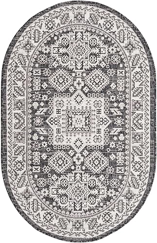 Miniatura 549 de Rugs.com Outdoor Aztec Collection Alfombra – 4 x 6 pies alfombra de tejido plano gris carbón perfecta para salas de estar, grandes comedores, planos