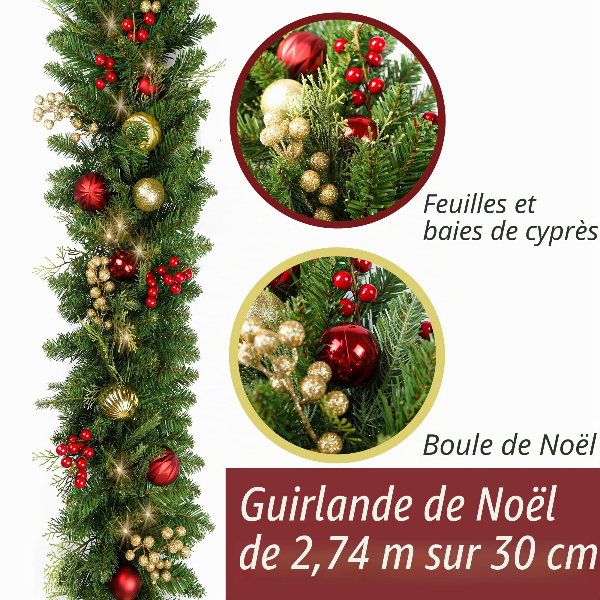 Guirlande de Noël de 2,7 m avec 50 LED, boules dorées et rouges contrôle des piles, décoration de Noël avec minuterie lumineuse pour cheminée d'escalier intérieur et extérieur