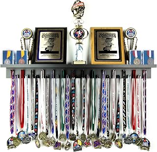 3ft Medal Awards Rack: Black Solid Wood Trophy Shelf & Medal Hanger Display - Holds 27+ Medals, Trophies, Plaques | 36" Ultimate Multi-Sport Holder