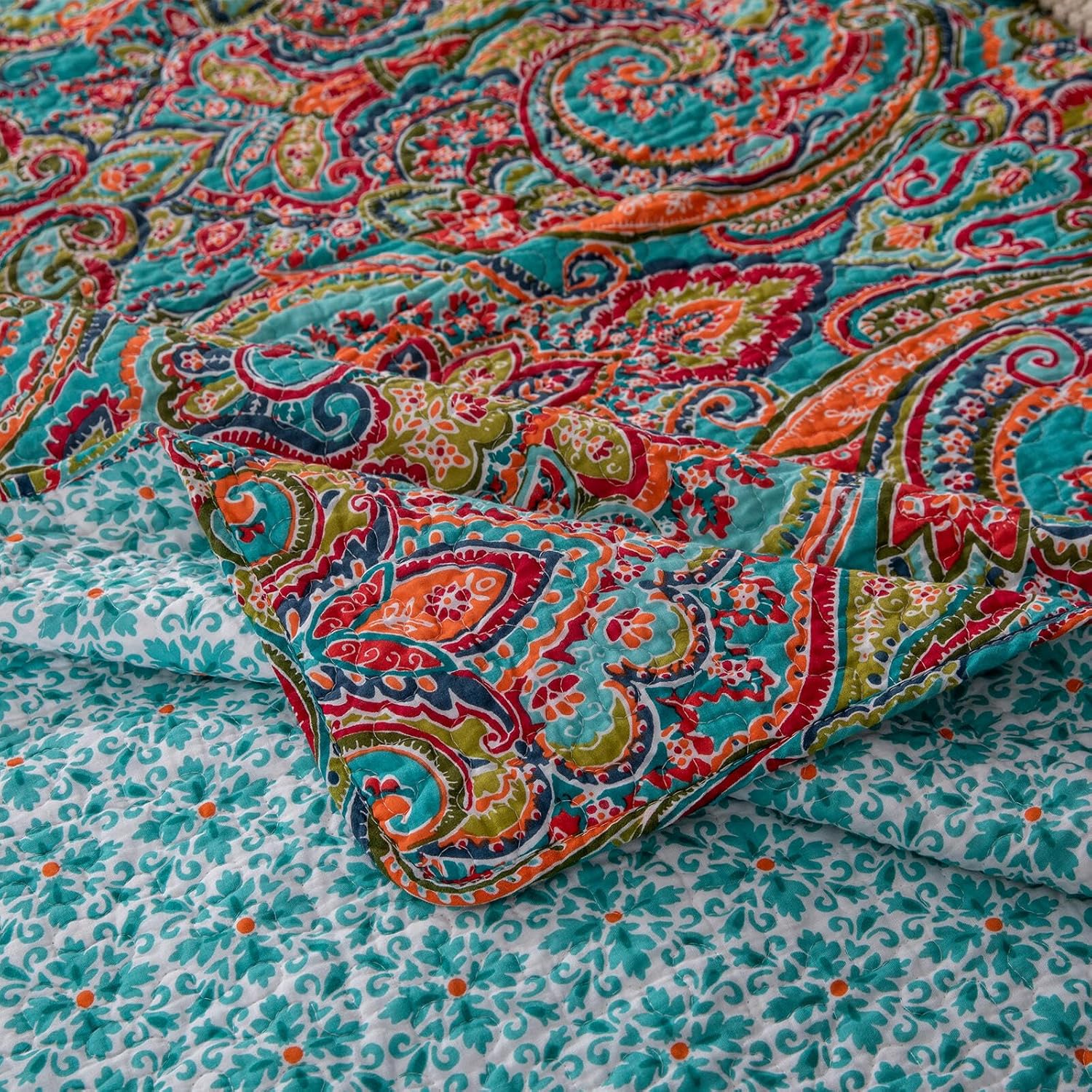 100% Cotton Boho Quilt Set King Size Colorful Gorgeous Paisley Mandala Floral Reversible Quilted Bedding Bohemian Vibrant Exotic Soft Breathable Bedspread Coverlet Set for All Seasons - Image 5