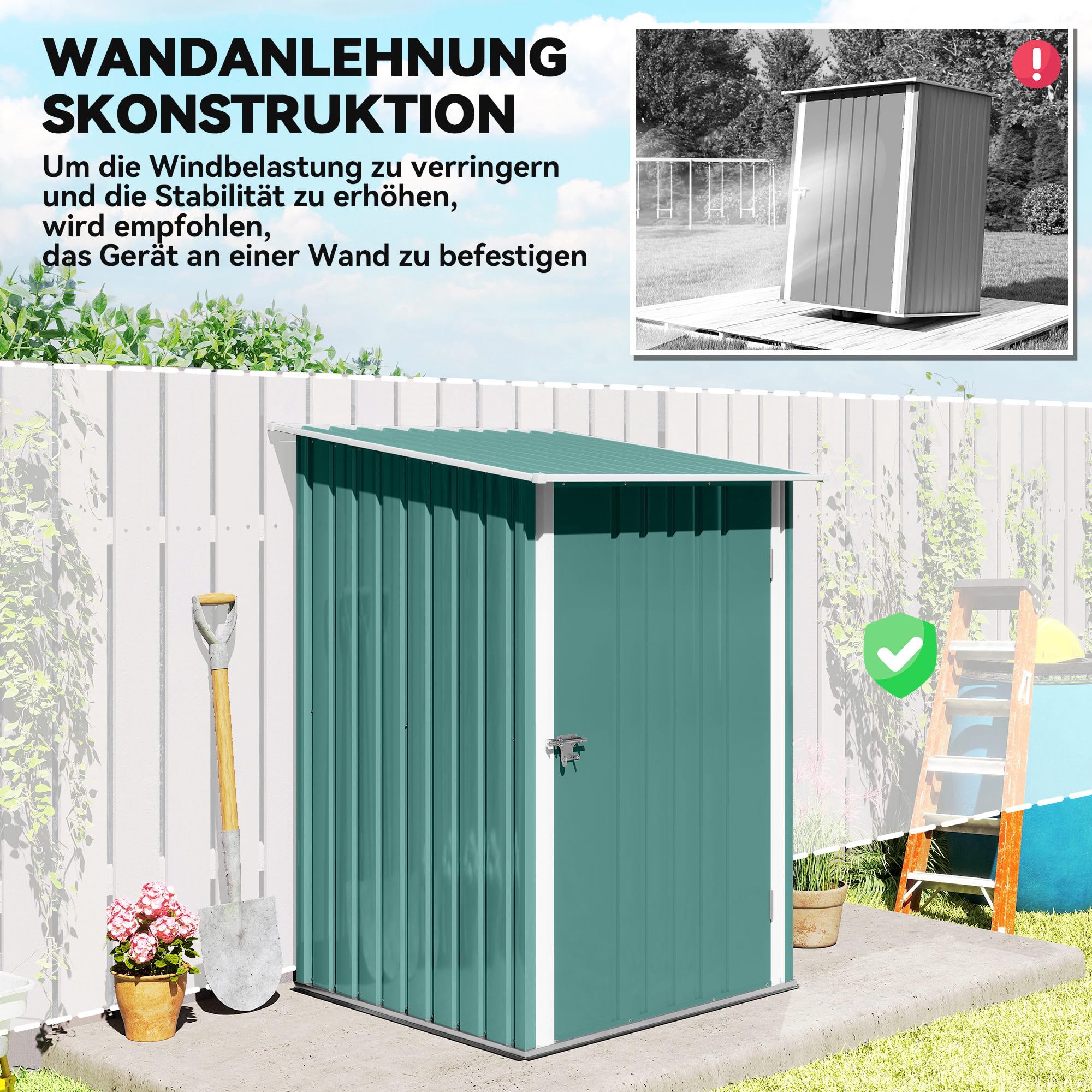Outsunny Metalowy Schowek Ogrodowy 0,92 m² 100x103x160cm, Schowek na Narzędzia z Dachem Pultowym, Drzwi Zamykane, Zielony