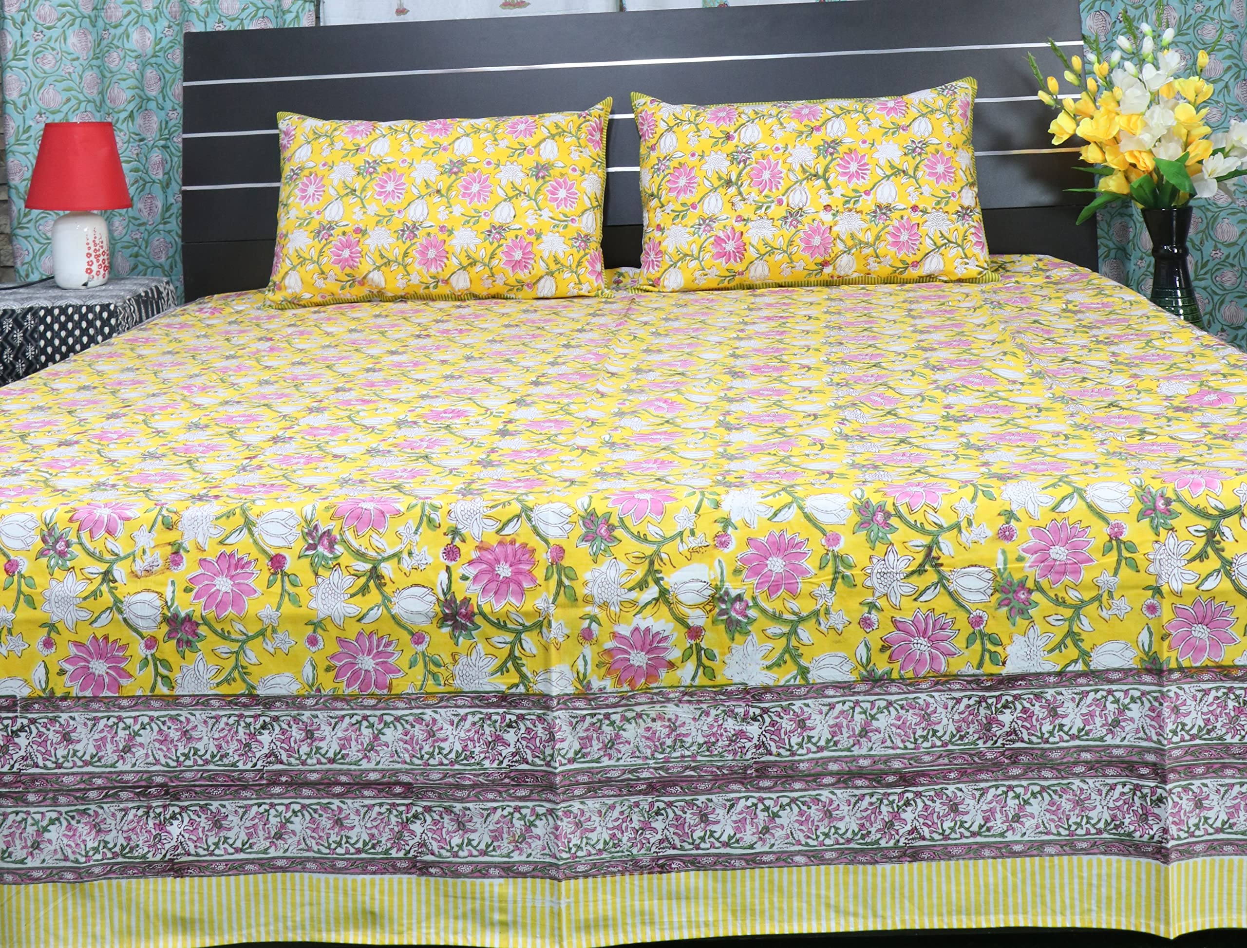 Drap de lit en coton imprimé fleuri indien 90x108 pouces avec ses 2 taies d'oreiller