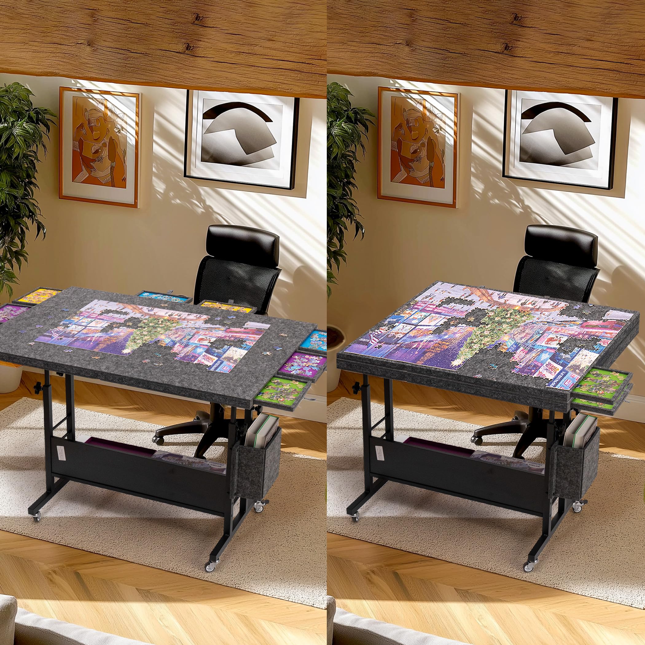 Tektalk Table de Puzzle Pliable en Feutre de 2000 pièces avec réglage de la Hauteur, Planche de Puzzle pour Adultes avec 2 couvertures et 8 Plateaux de tri/tiroirs, chevalet avec Pieds, fermée avec 4