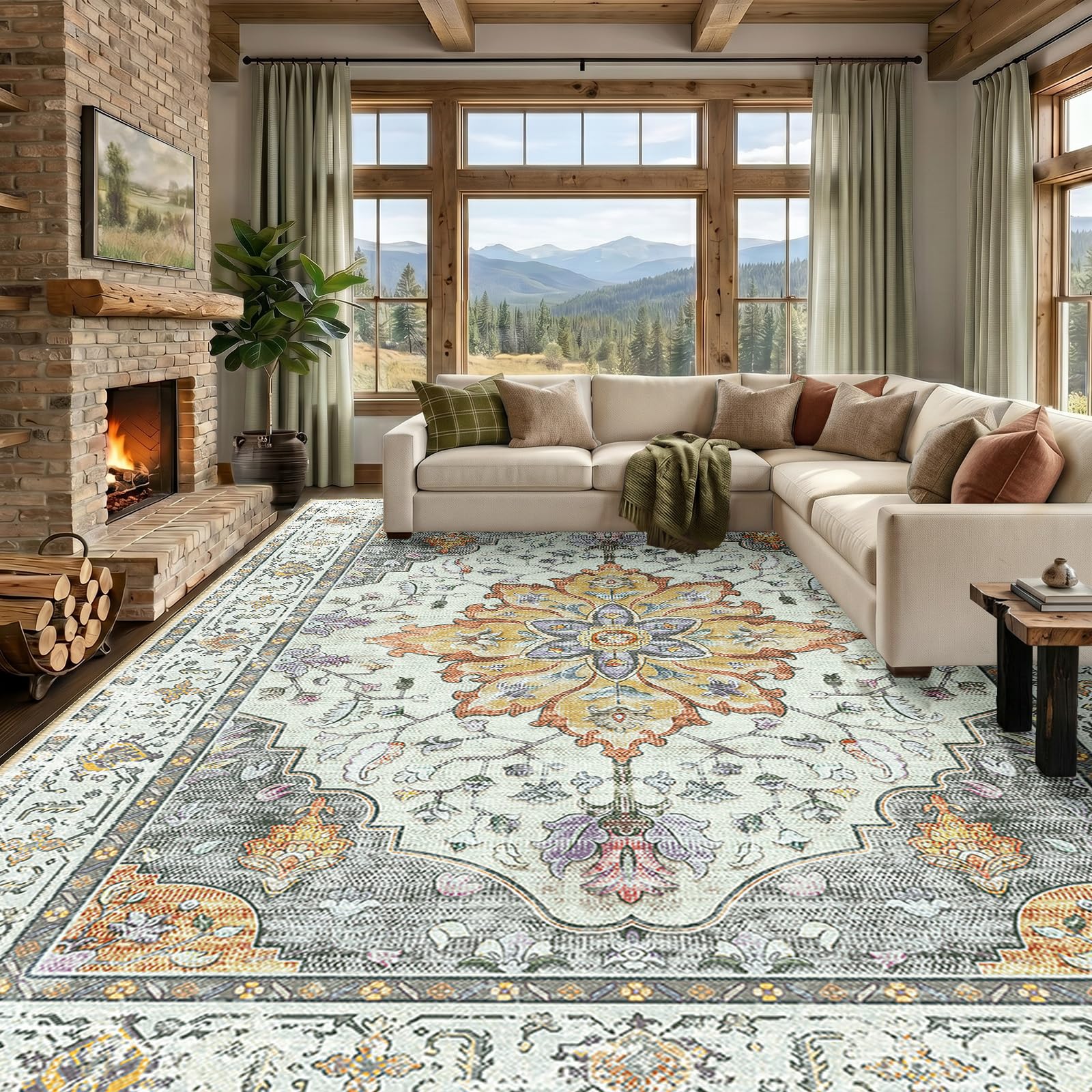RELEANY Area Rugs Large 9'x12' Washable Non-Slip, Floral Vintage Distress Medallion Carpet for Living Room Bedroom Dining Room, Beige Carbon Grey