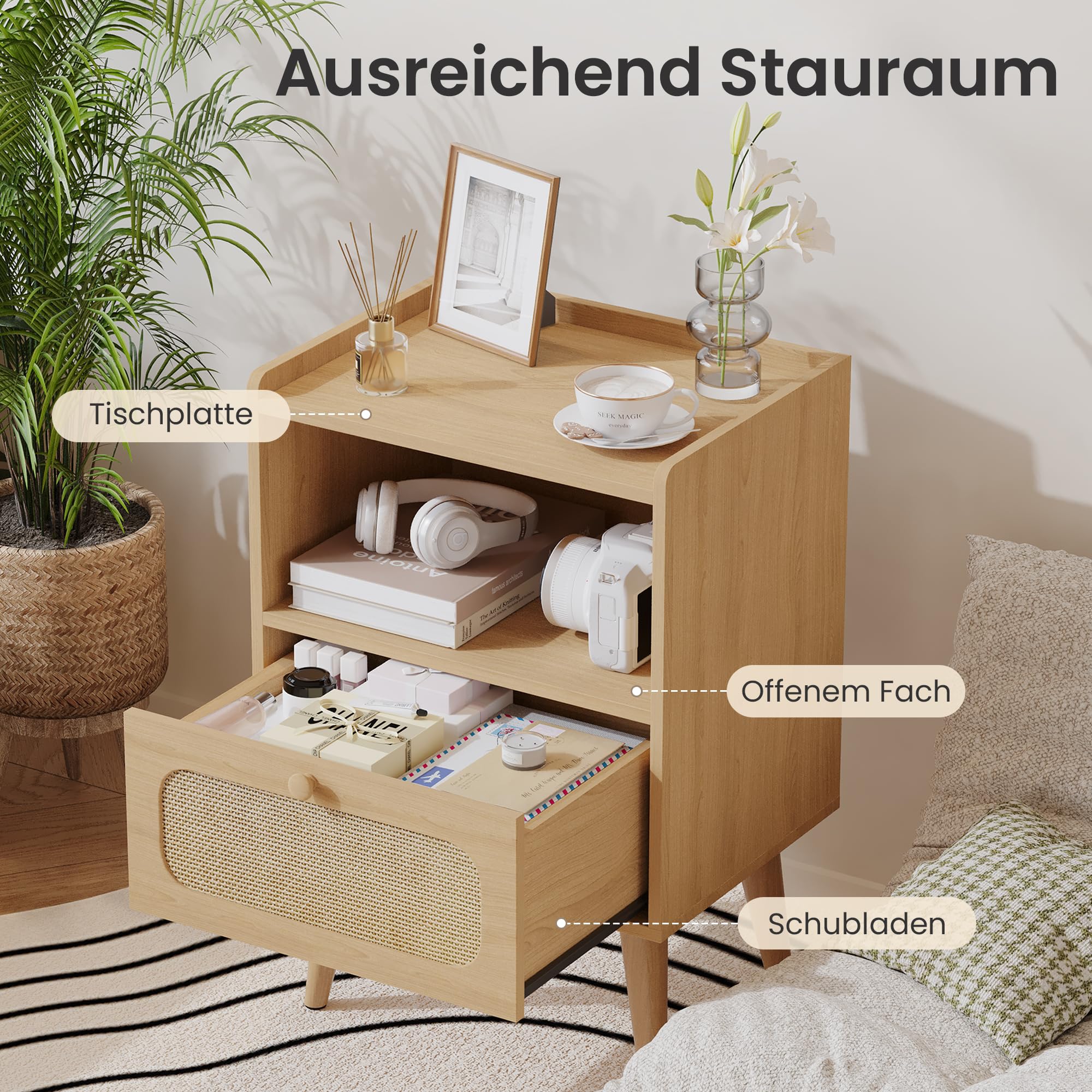 YOUDENOVA Nachttisch Holz 2er Set, Kleine Nachtschrank mit Schublade und offenem Fach, Beistelltisch Couchtisch für Wohnzimmer, Schlafzimmer, 40 x 30 x 57,5 cm Landhaus Boho Stil, Natur