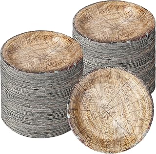 Umigy 120 Pack Wood Grain Party Supplies 7 Inch Paper Plates Rustic Wood Slice Dessert Disposable Plates Cut Timber Farmhouse for Woodland Birthday Wedding(Elegant)