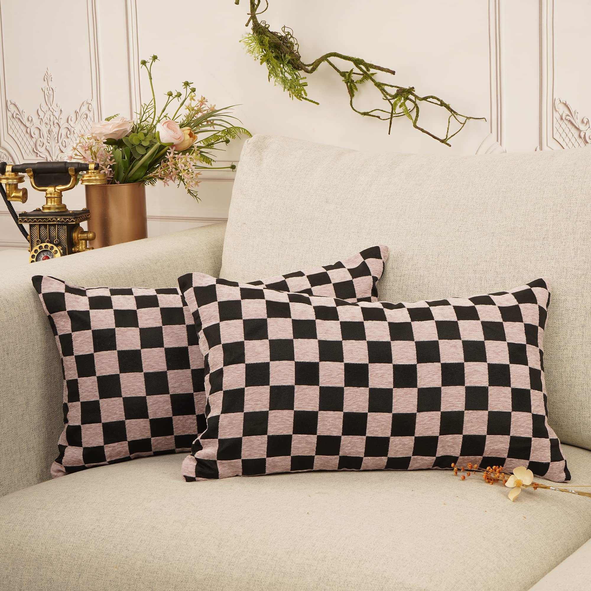 YOUR SMILE Pack of 2 Farmhouse Buffalo Plaids Check Throw Pillow Covers Set Case Chenille Decorative Pillowcases Cushion Cover for Couch Bench Sofa 12