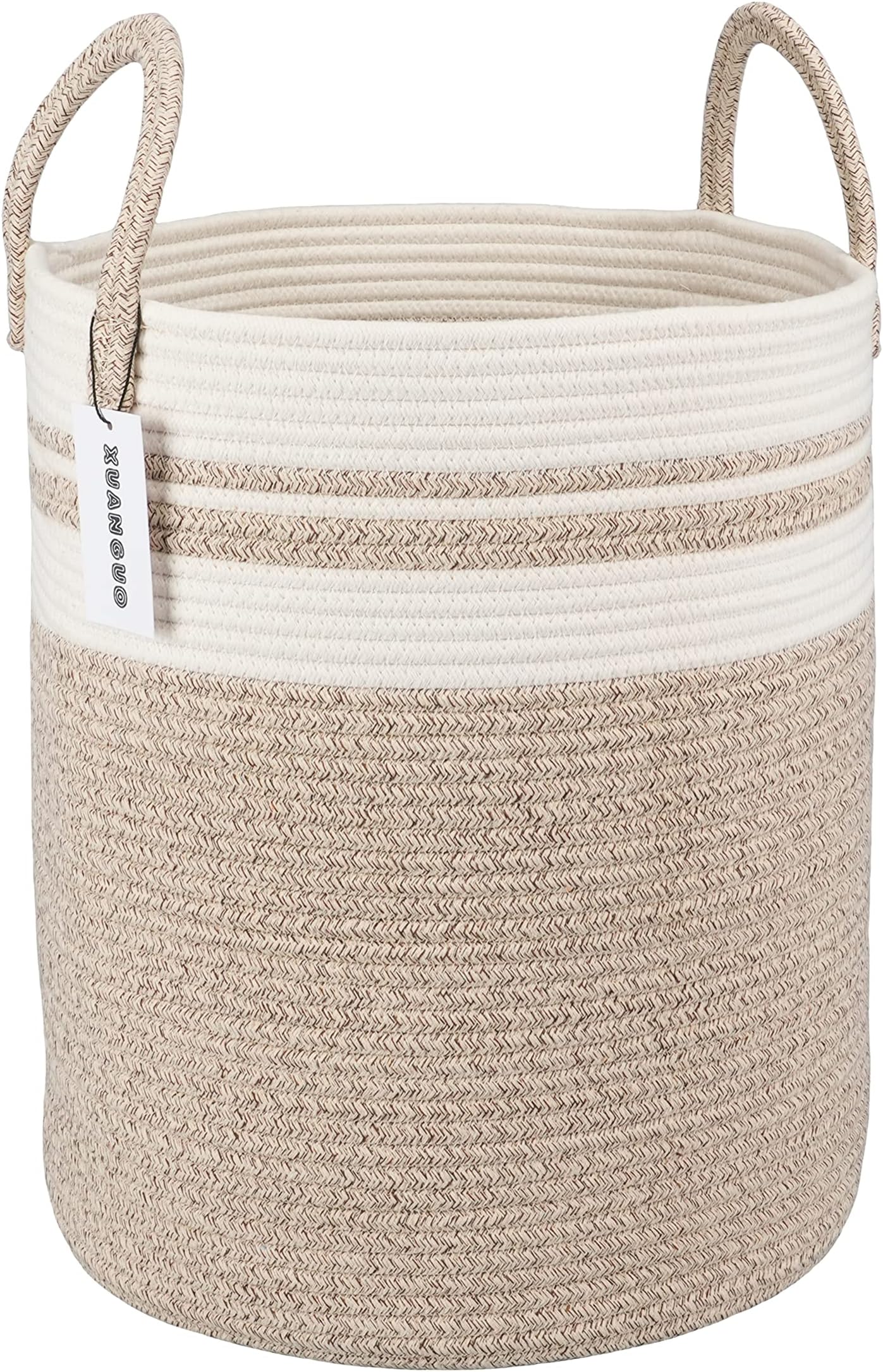 Cotton Rope Laundry Basket Hamper for Clothes Woven Storage Basket for Living Room Bedroom Boho Tall Rope Baskets for Blanket Toys Pillow Towels Baby Nursery Hamper Bin Large brown and white