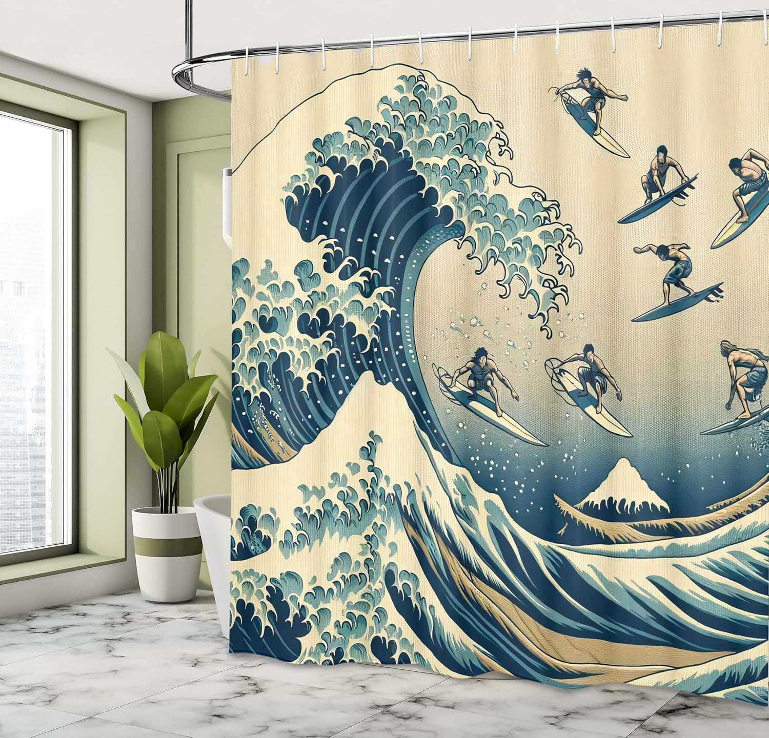 Ambesonne Ukiyo-e Wave Shower Curtain, Classic Japanese Ocean Painting with Flying Surfers Asian Folk, Cloth Fabric Bathroom Decor Set with Hooks, 69" W x 70" L, Navy Blue Ivory Seafoam