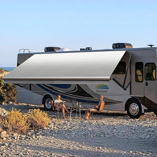 Suncode Toldo para autocaravana para caravana y cámper, kit completo de toldo eléctrico para cámper, marco negro y desteñido plateado de 10 x 8 pies