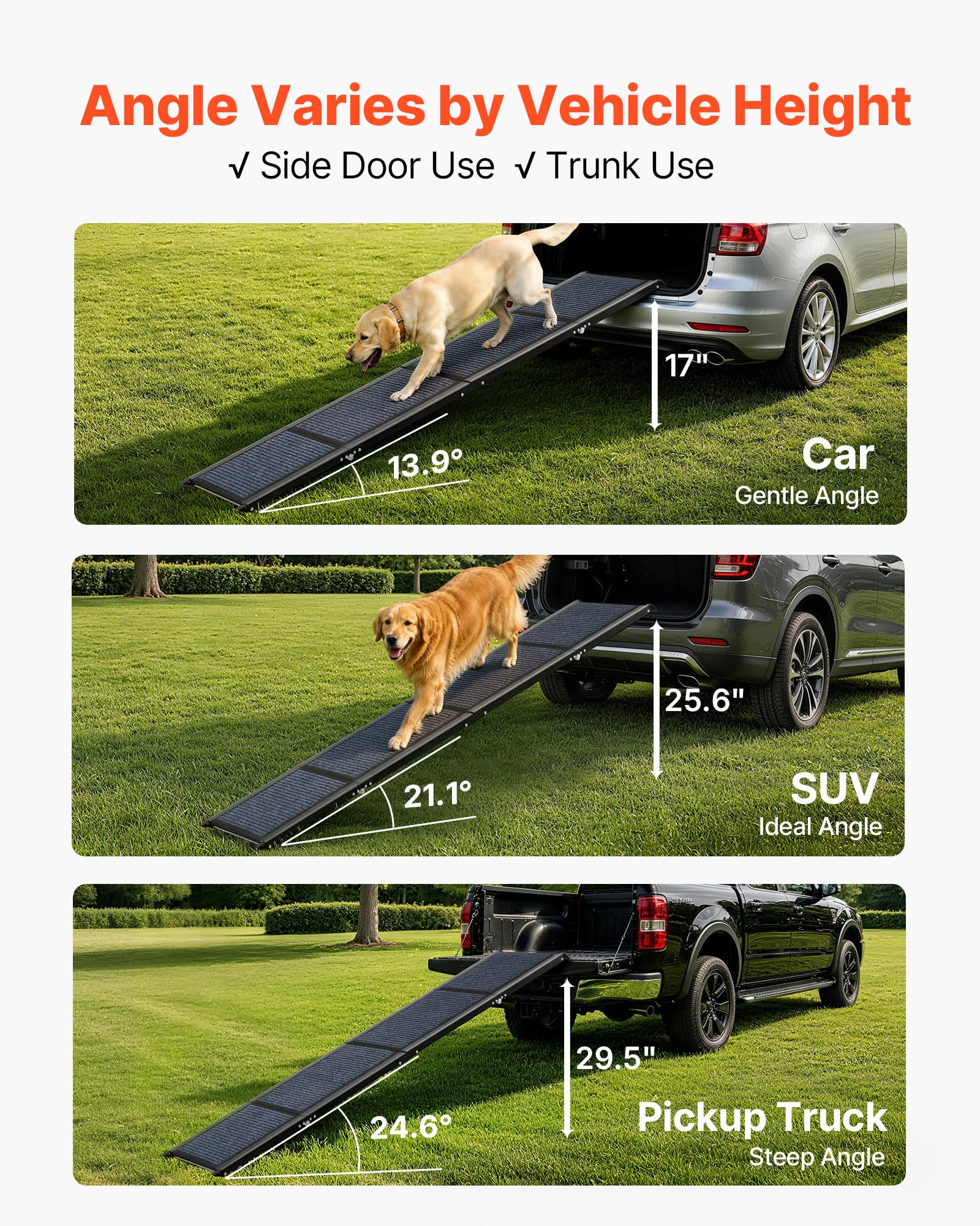VEVOR Hunderampe, 180 x 43,2 cm, Faltbare Hundeautorampe für mittelgroße & große Hunde bis 113 kg, Hundetreppe mit Rutschfester Filzteppichoberfläche, tragbare Einstiegshilfe für SUV & LKW