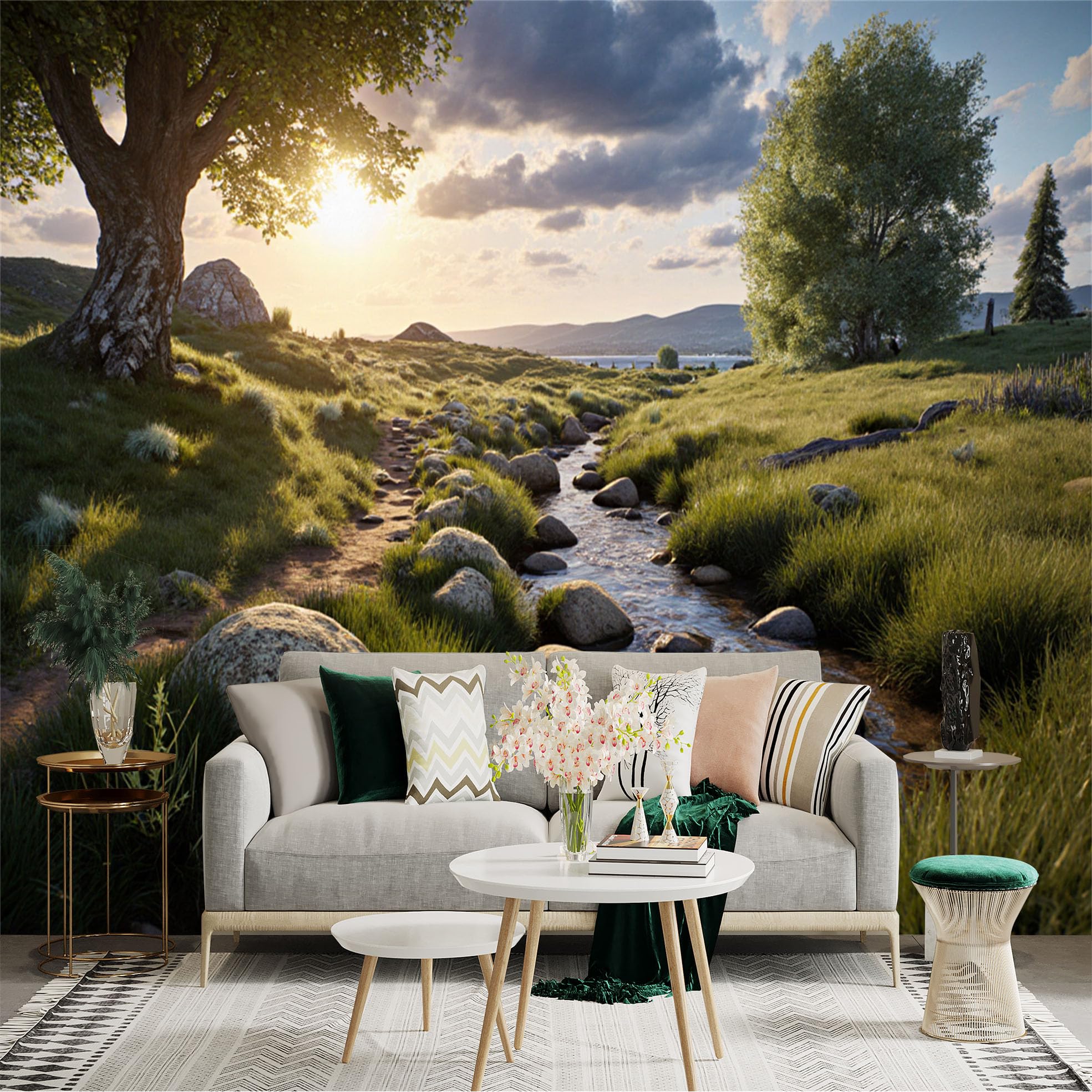 Lnzczhyre Xc260505702 Custom Size Wall Sticker Mural， Scenic Nature Landscape， Sunlit Meadow With Stream， Rocky Path And Lush Trees， For Wall Decoration， Peelandstick Wall Decals.