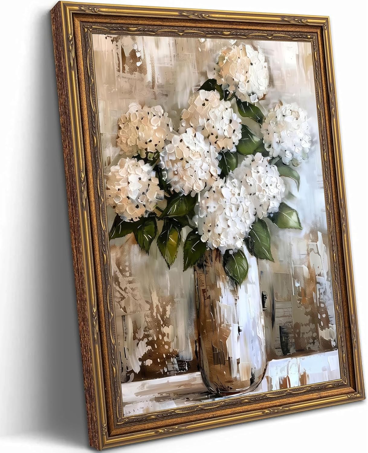 Framed Vintage White Hydrangea Canvas Wall Art, Retro Farmhouse Style Floral Painting Picture Wall Decor Posters Print Artwork For Bathroom Living Room Bedroom Office Home Decoration