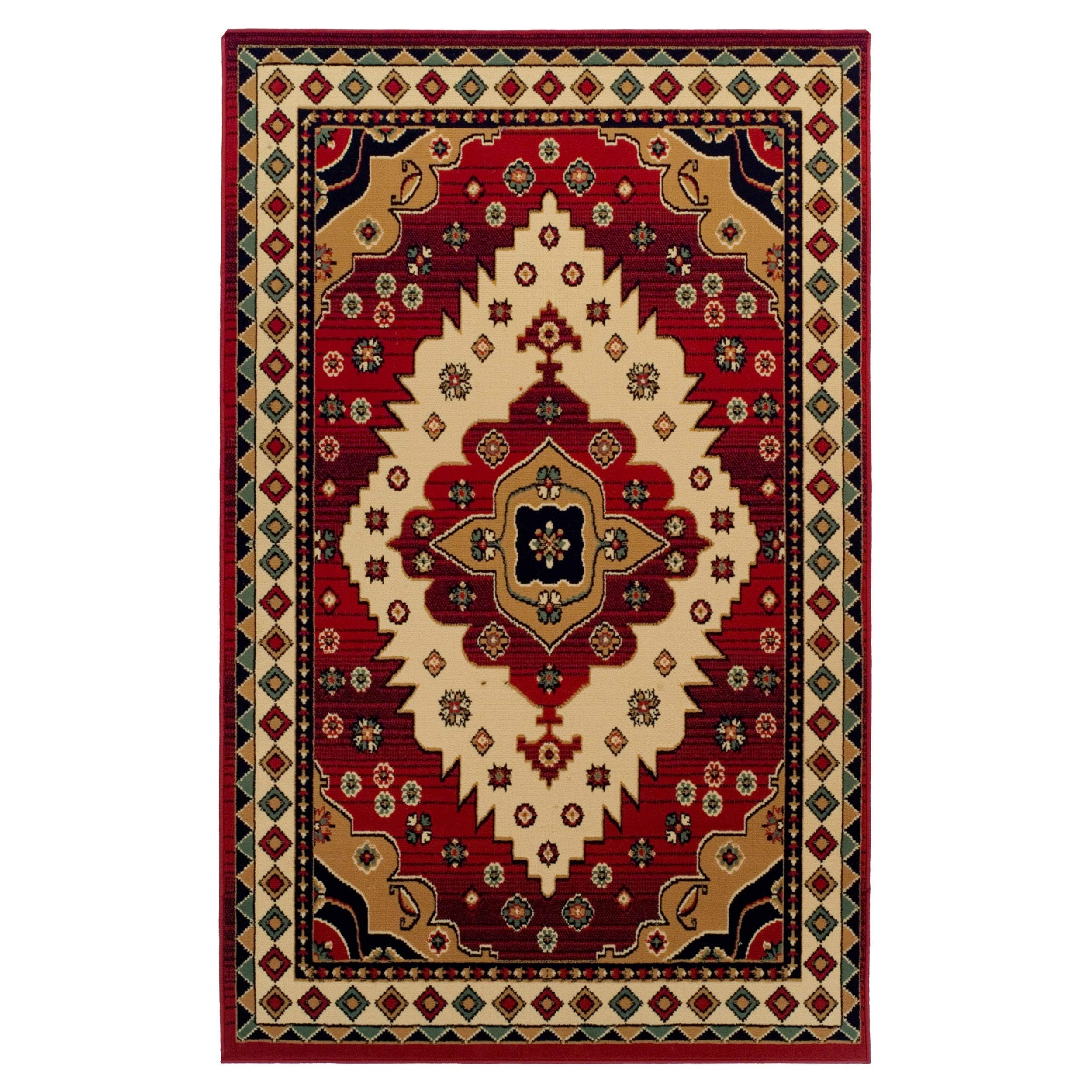Superior Indoor Area Rug, Jute Backing, Plush Modern Rugs for Entryway, Living Room, Kitchen Floors, Bedroom, Office Floor Cover, Geometric Medallion Rugs, Aztec Collection, 4' x 6', Ivory/Red
