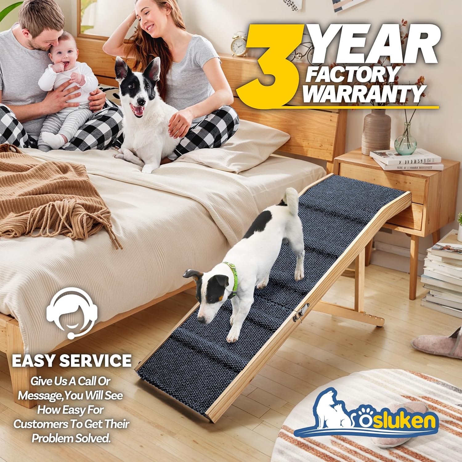 49" Long Dog Ramp for Couch Sofa & Low Bed, Foldable Pet Ramp for Small Large Dogs, High Traction with Extended Landing Platform, 4-Level Adjustable Height Wooden Ramp 18" to 21.5" Up to 220LBS