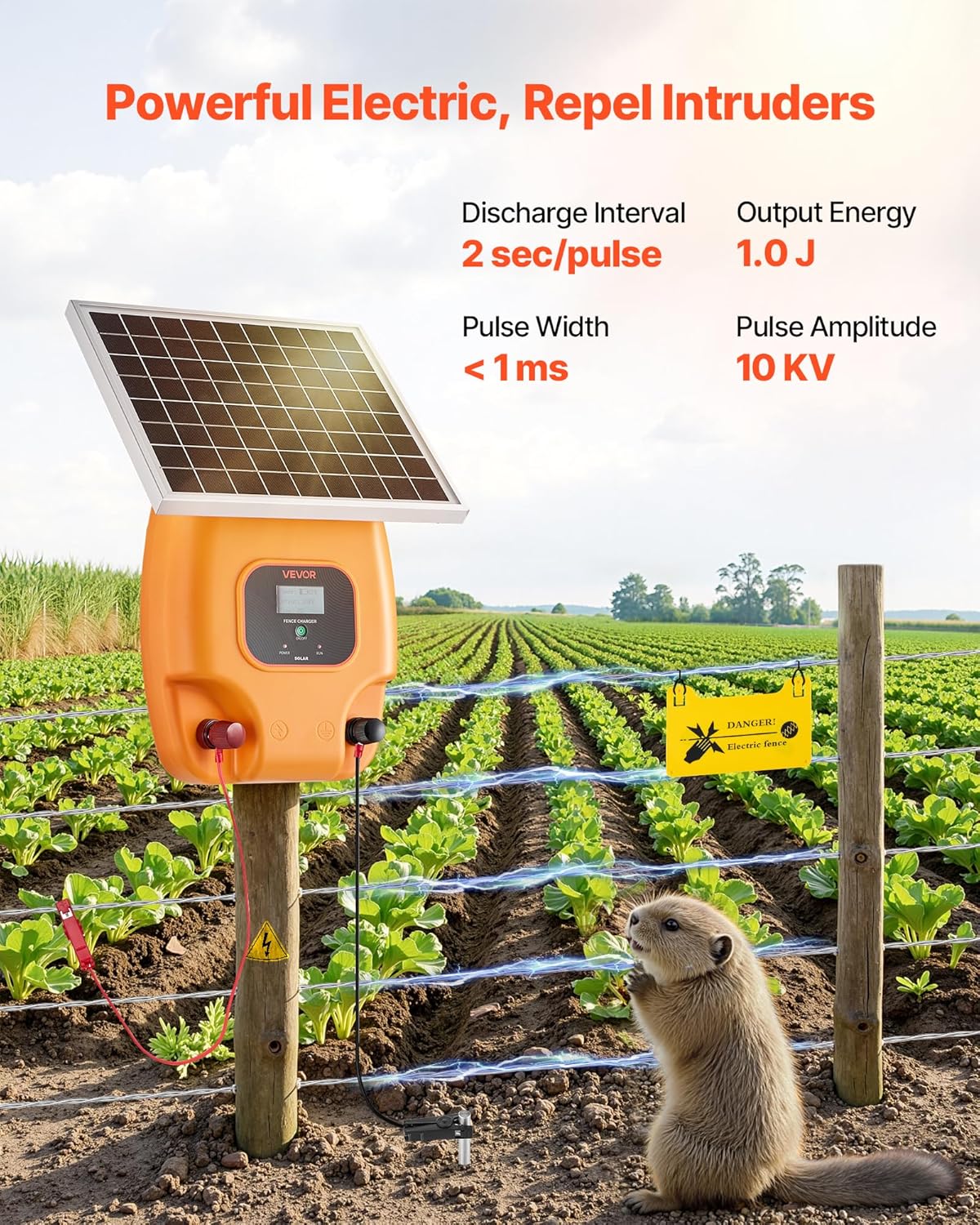 VEVOR Solar Fence Charger mounted on a post next to an electric fence, deterring a gopher from a crop field.