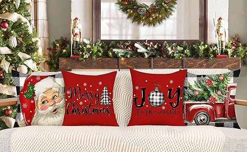 Miniatura 2 de 4TH Emotion Juego de 4 fundas de almohada navideñas a cuadros de búfalo de 20 x 20 pulgadas, decoraciones navideñas de granja, árbol de Navidad,
