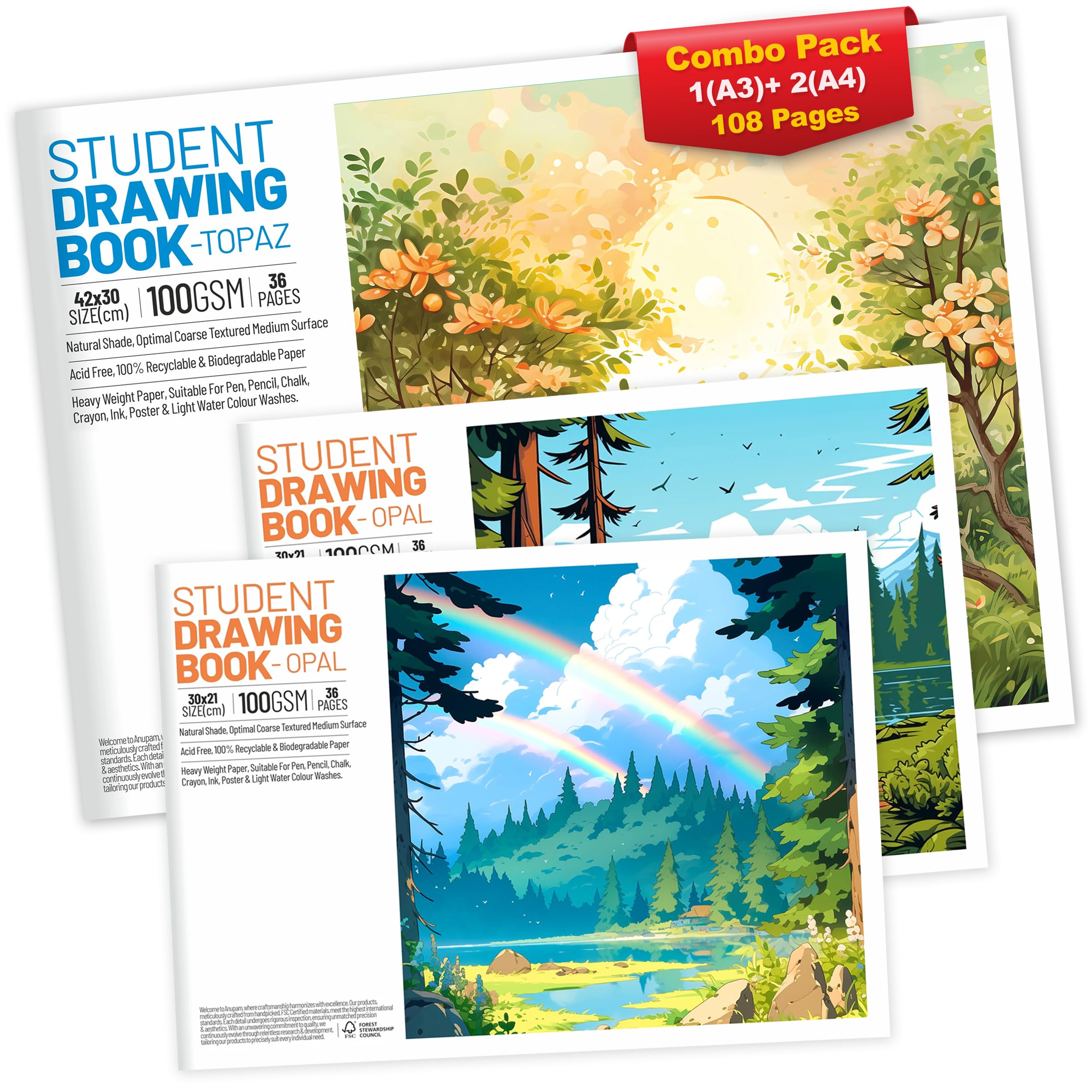 A4 Sketchbook for Artists | 100 GSM Premium Cartridge Paper | Drawing & Painting Pad for Kids, Students & Professionals | Art Journal for Sketching & Colouring (Combo-2A4,1A3)