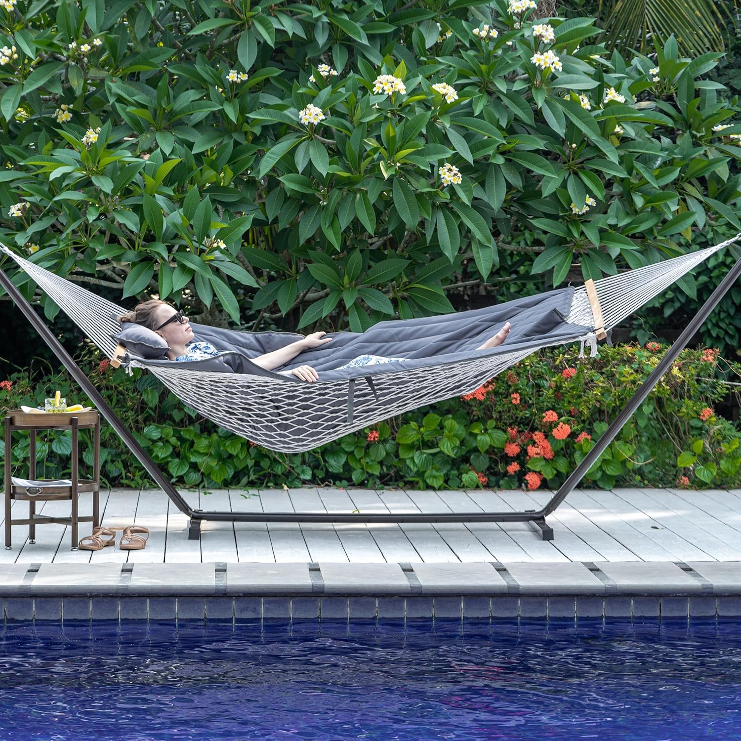 Lazy Daze Hammocks 2 Person Portable Hammock with 12FT Stand, Double Hand Woven Cotton Rope Hammock with Detachable Quilted Pad & Pillow for Outside, 450lb Capacity, Grey